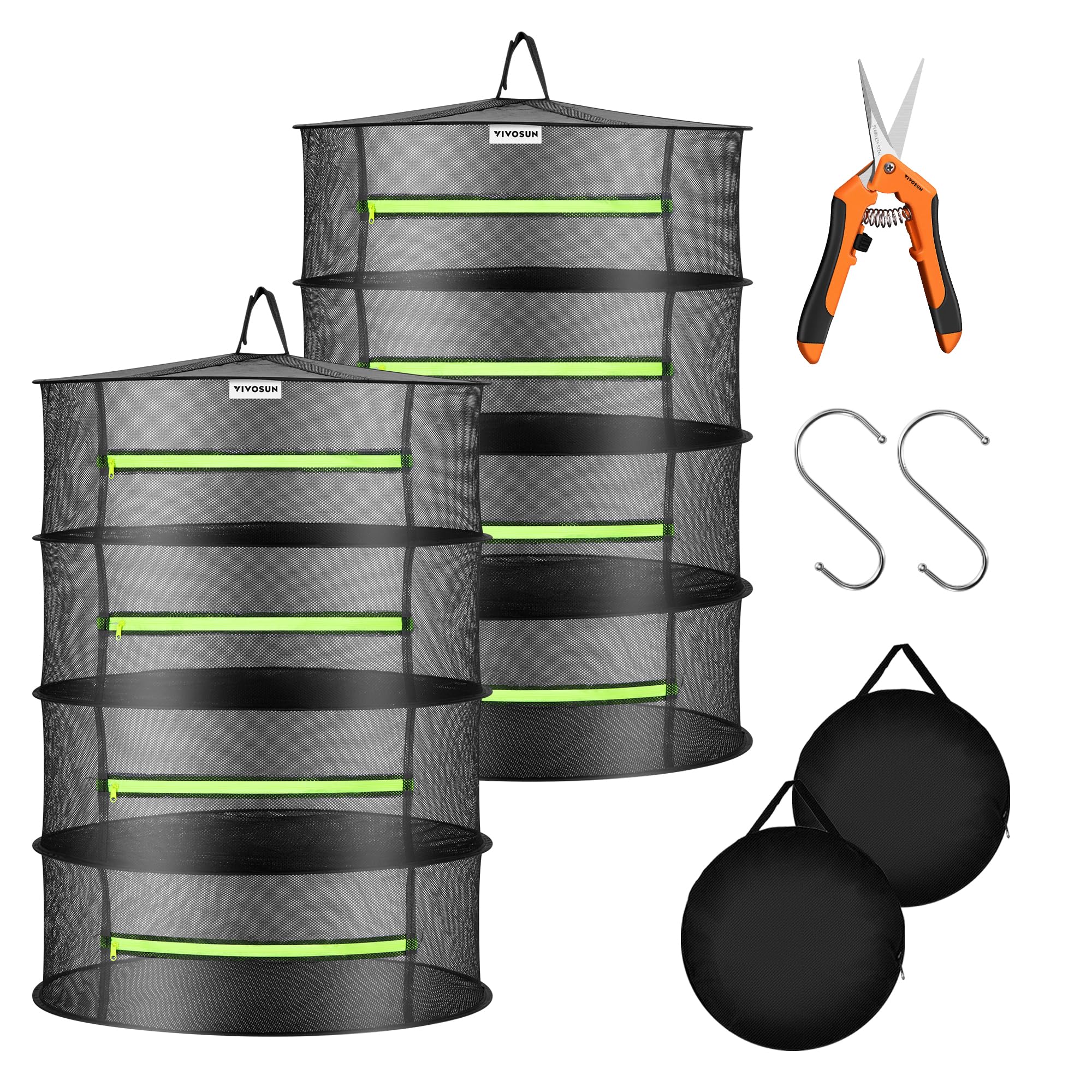 VIVOSUN 2-Pack 4-Layer Mesh Drying Rack Hanging Design with Green Zippers for Dehydrating, Indoor and Outdoor (Pruning Shears Included)