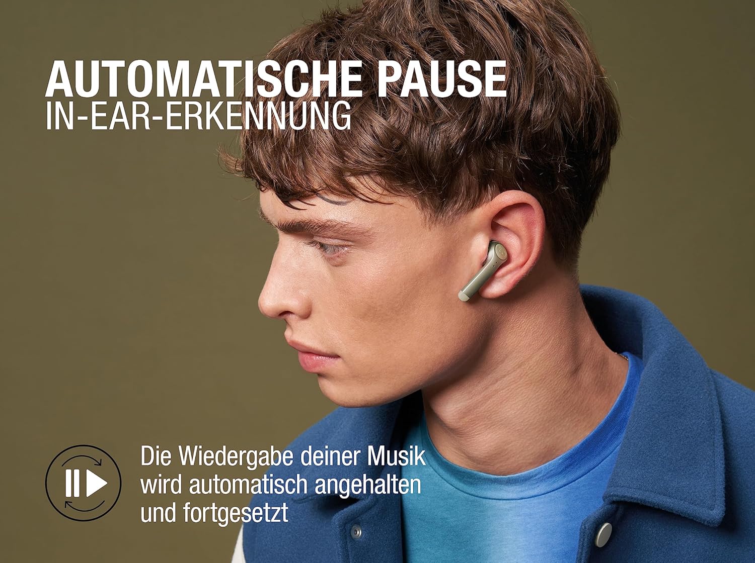 Image showing a person wearing a Fresh 'n Rebel Twins 3+ Tip earbud, with an icon indicating automatic pause/play functionality due to in-ear detection.