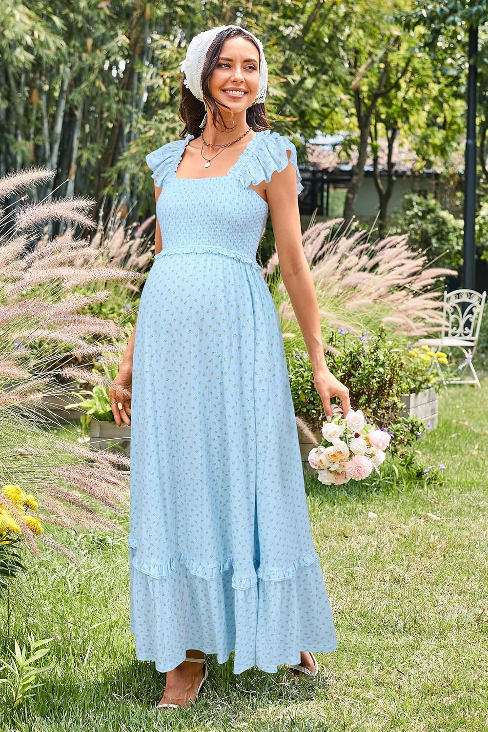 OUGES Womens 2026 Summer Maternity Photoshoot Dress Boho Maxi Smocked Baby Shower Dress Ruffle Sleeve Maternity Clothes - Image 2