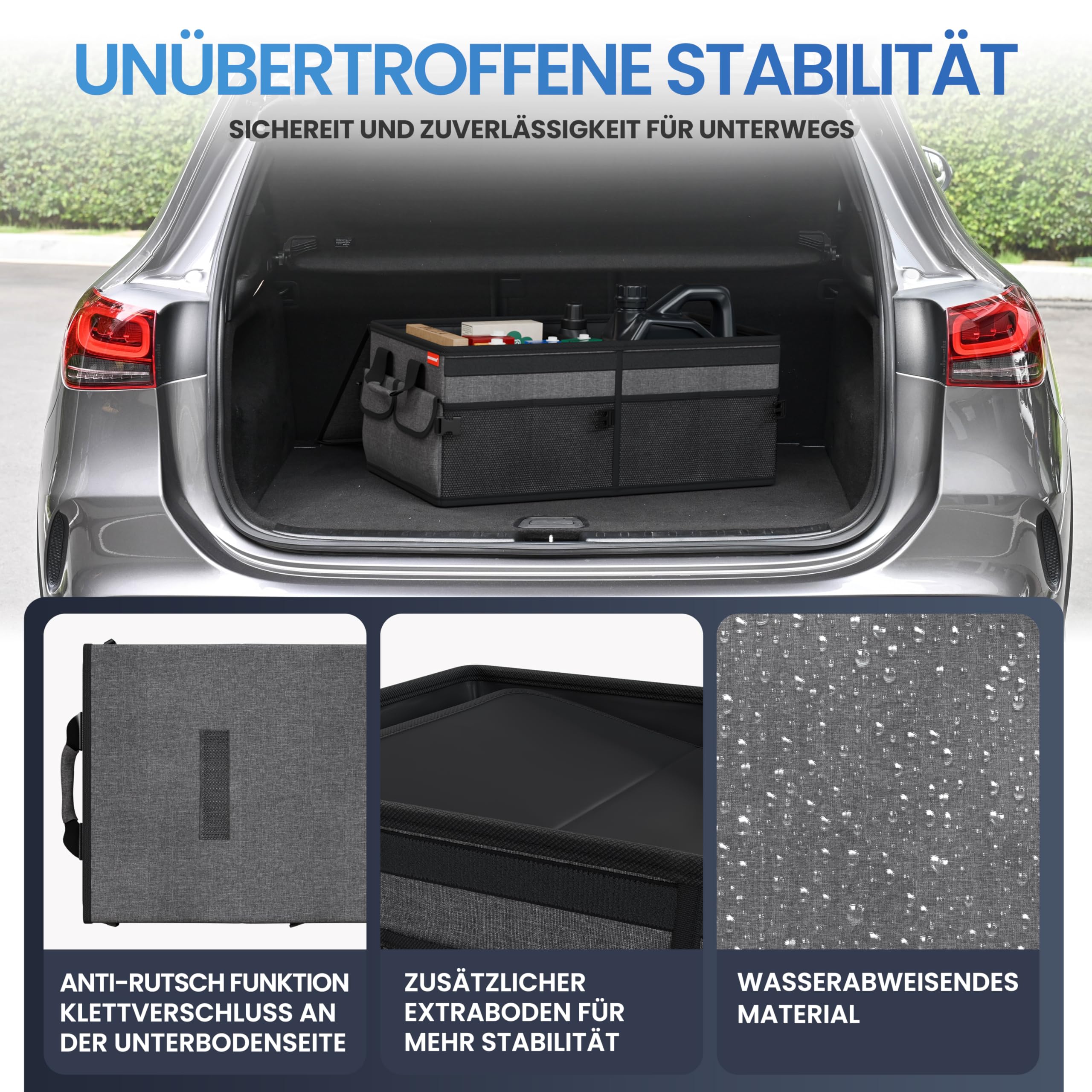 HELDENWERK Organizador de maletero de con tapa, estable y antideslizante, plegable para maletero de coche, grande, con estantes dobles, caja organizadora para maletero