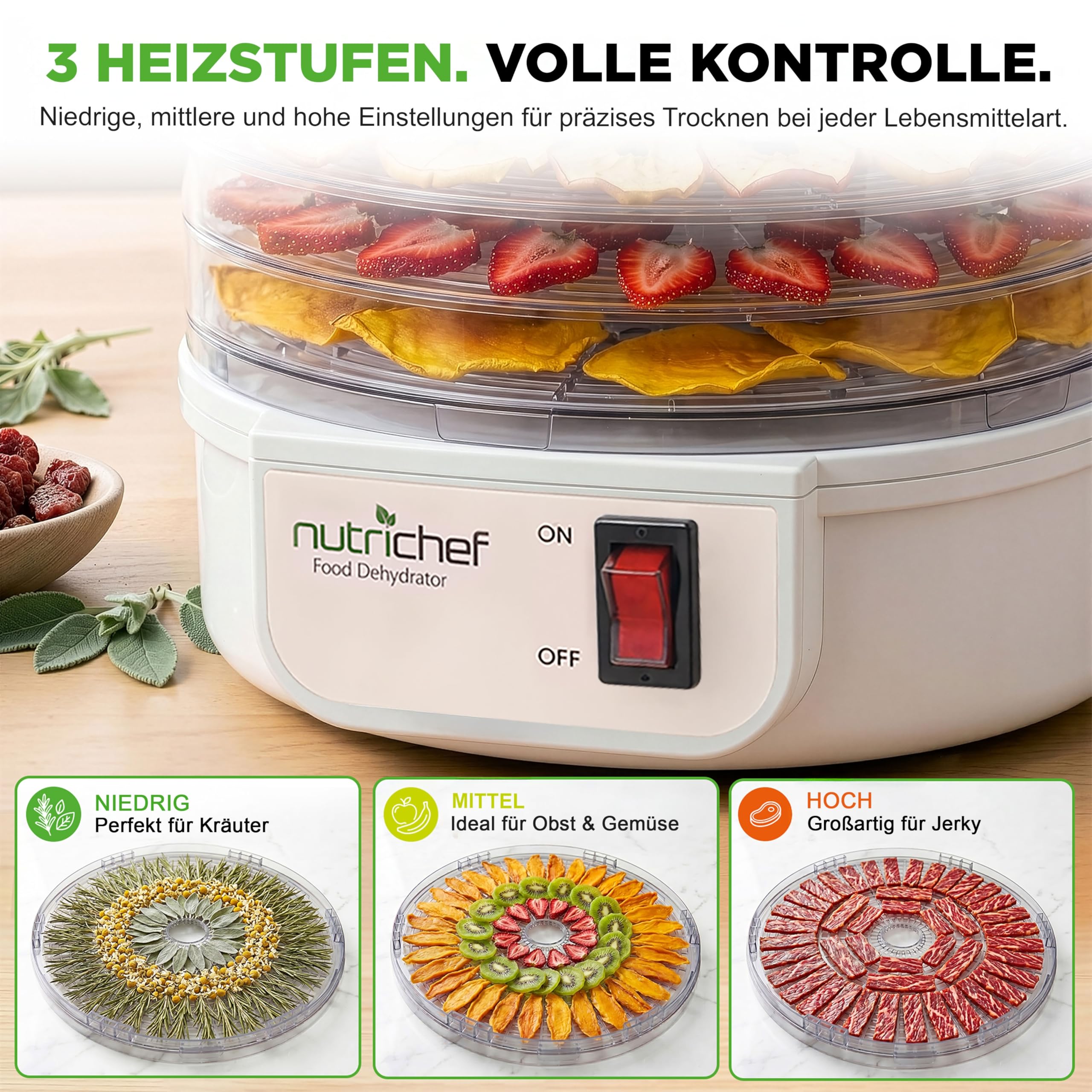 Nutrichef Dörrautomat 5 Einschübe – Milchweiß BPA-freies Dörrgerät für Fleisch, Obst, Pilze & Gemüse, 82°C einstellbar, 600W Leistung, leise und leicht zu reinigen