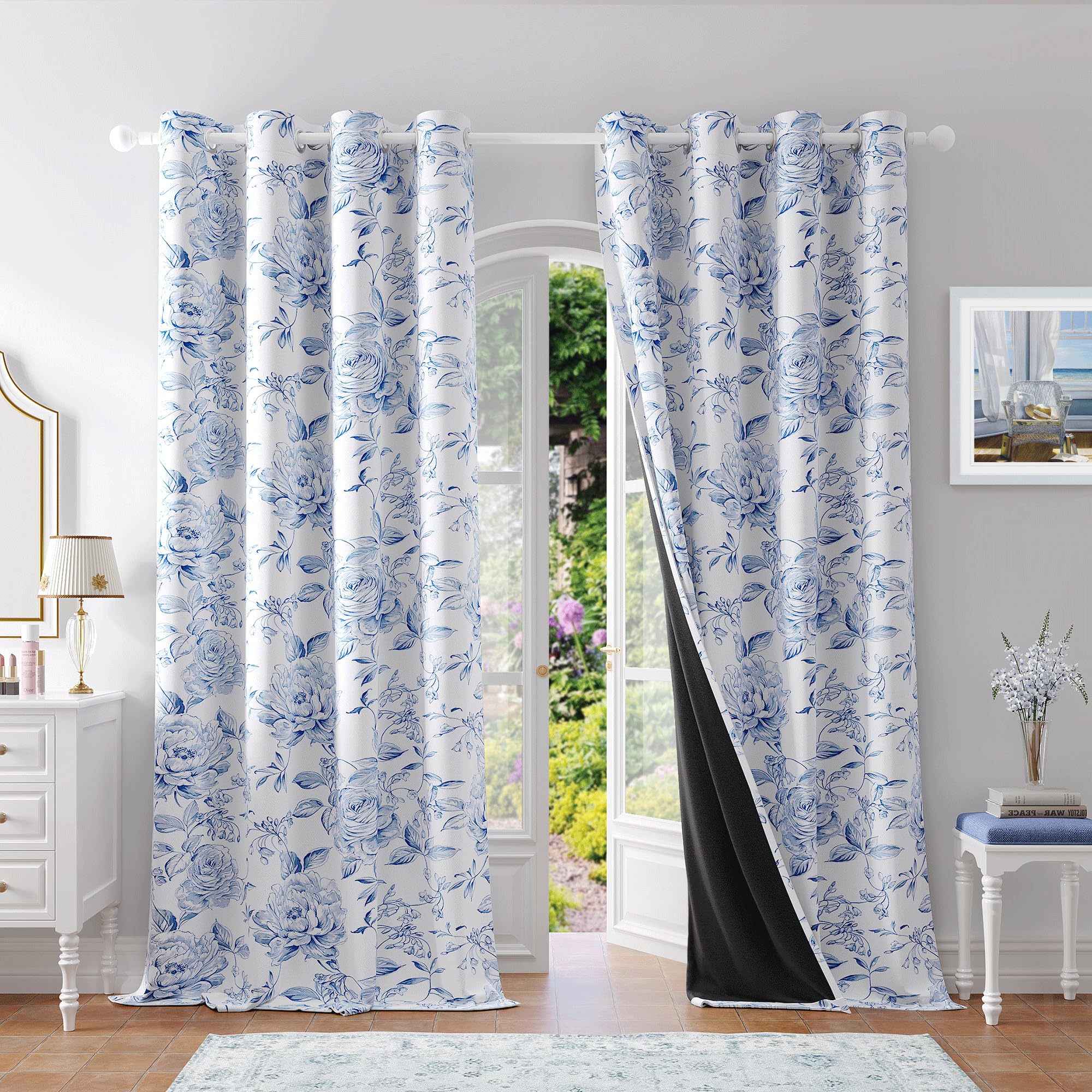 Beauoop Lot de 2 Rideaux de fenêtre à Motif Floral bohème 100% occultant, Isolation Thermique et réduction du Bruit, pour Chambre à Coucher/Salon, avec œillets, 127 x 213 cm, Blanc/Bleu