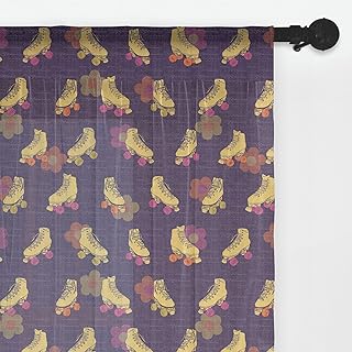 Ambesonne Retro Tulle Curtains with Rod Pocket, Vintage Girly Roller Skates Hippie Flower Petals Fun Times Teen Youth, Sheer Drape for Wedding Party 2 Panels, 108" x 108", Dark Purple and Mustard