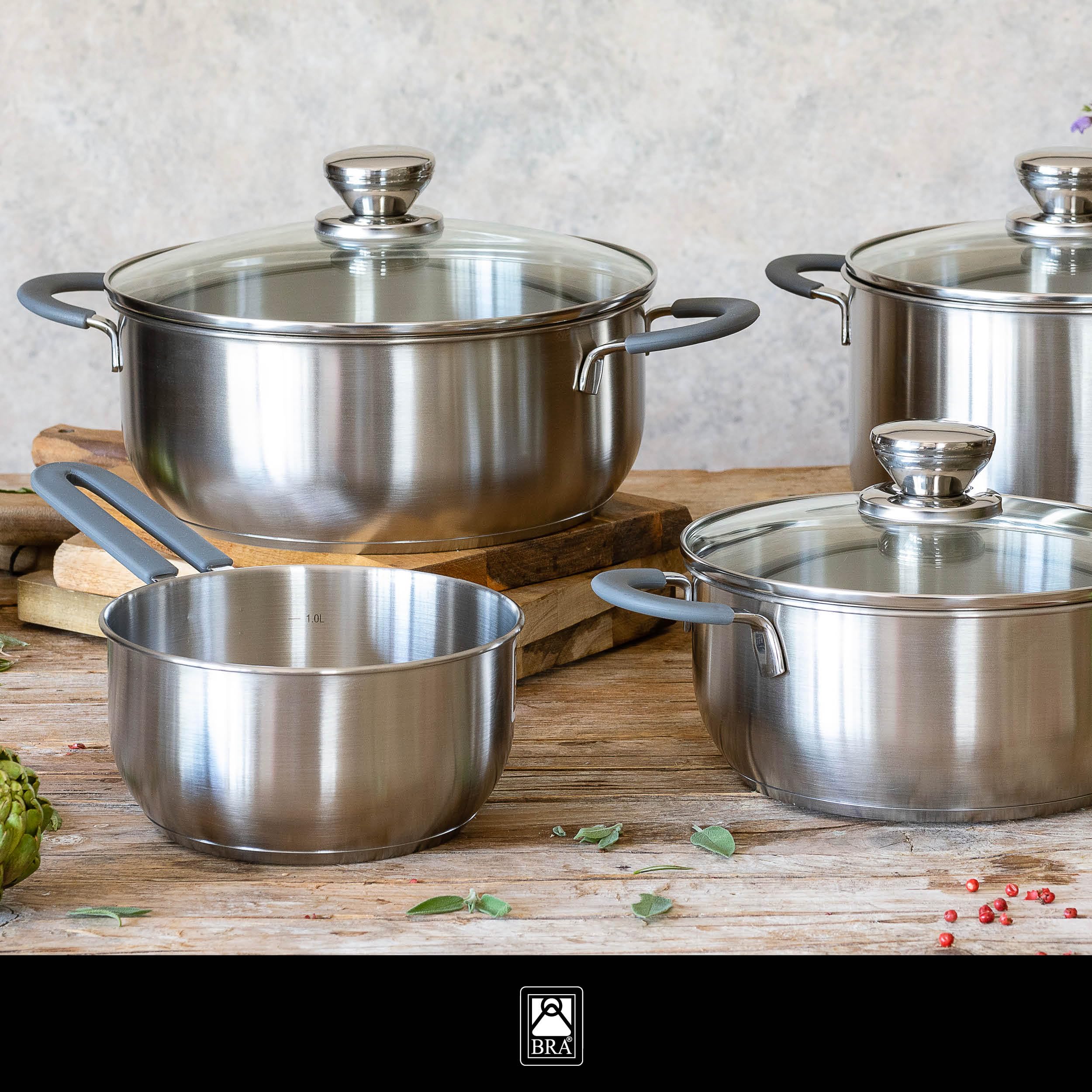 BRA Master | Batería de cocina 7 piezas, Acero Inoxidable 18/10, Sin Antiadherente, Mango recubierto de Silicona, Apto para todo tipo de cocinas, Incluida Inducción