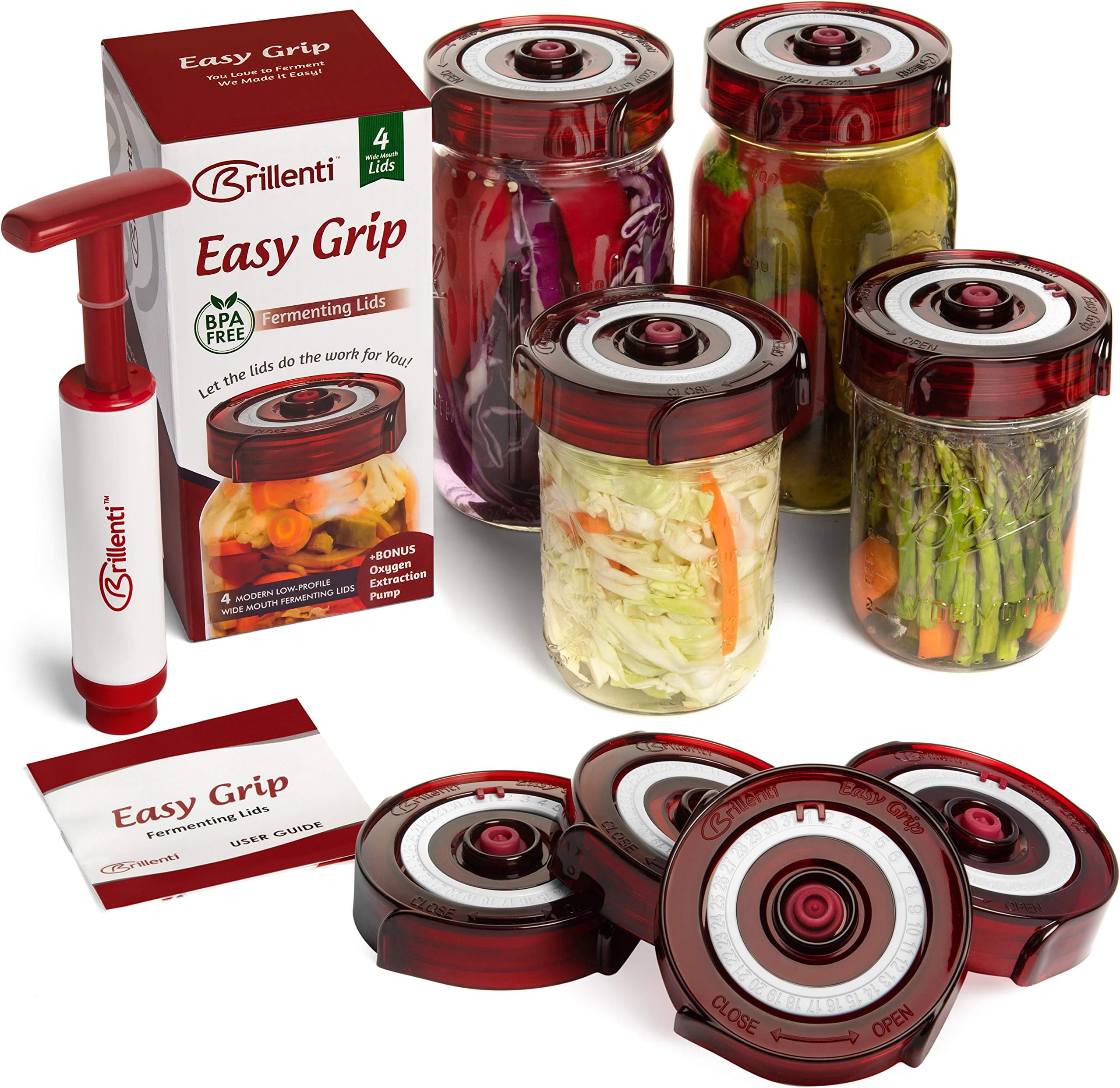 Fermenting Lids for wide mouth mason jars. 4 waterless airlock fermentation lids kit. Easy Grip fermenter lid with Oxygen Pump automatically Vents air. Tracks ferment date. (4 Lids + Pump)