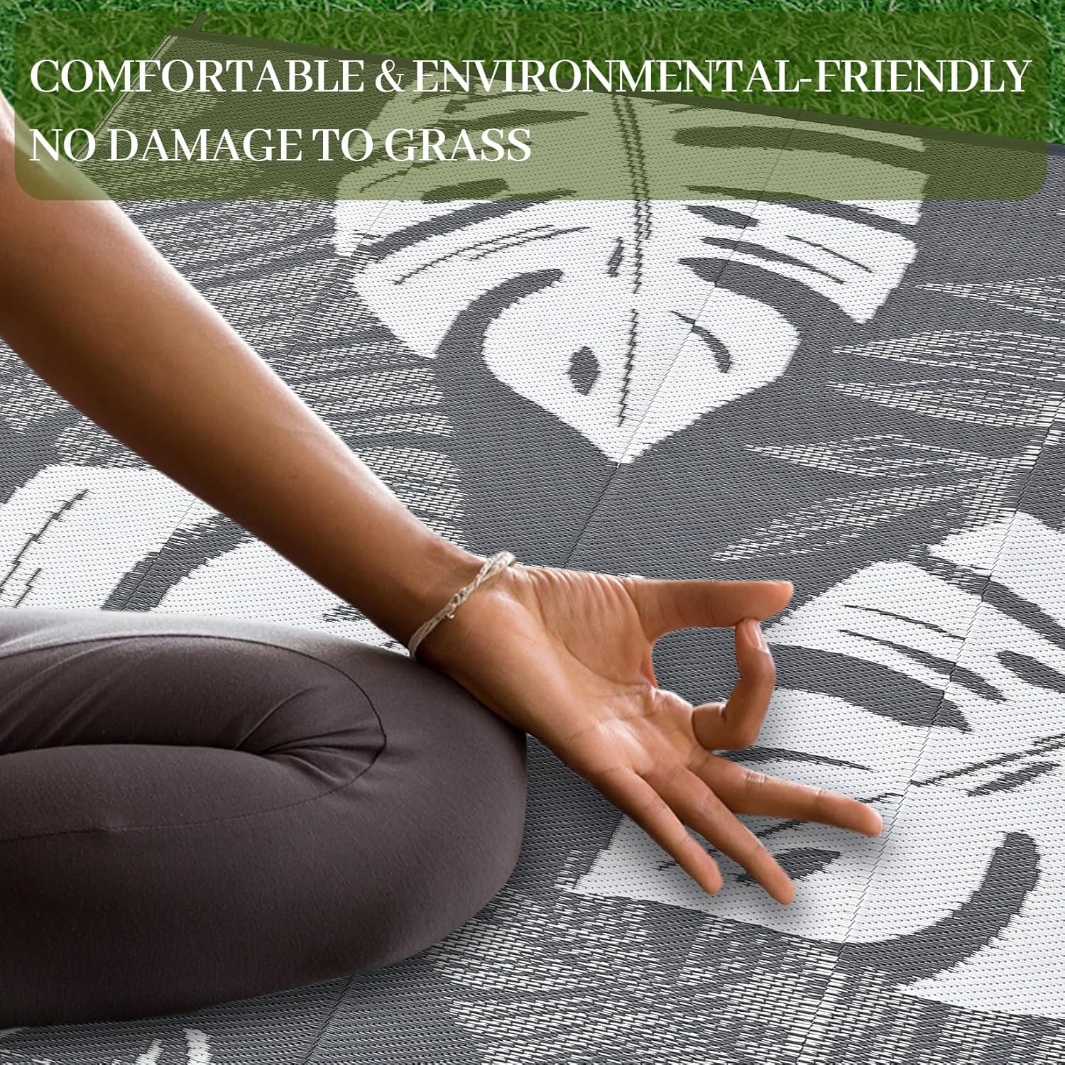 Outdoor Rug Waterproof 8x10 Reversible Outdoor Plastic Straw Rug Modern Palm Leaves Patio Rug Indoor Outdoor Mat RV Mat Outside for Patio Camp Balcony Deck Picnic, Grey and White