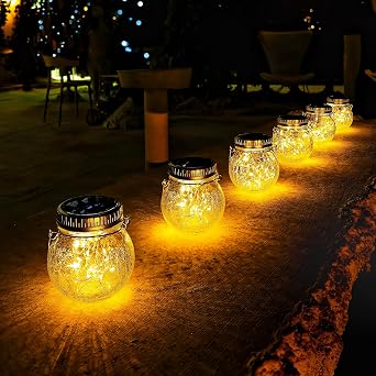 Cooo 2 Pack Crackle Glass Solar Lantern with 30 LED Firefly Lights Waterproof Outdoor Hanging Lamp 215% Larger Solar Panel, Anti-Rust Lids Decorative Lighting for Garden Patio Table