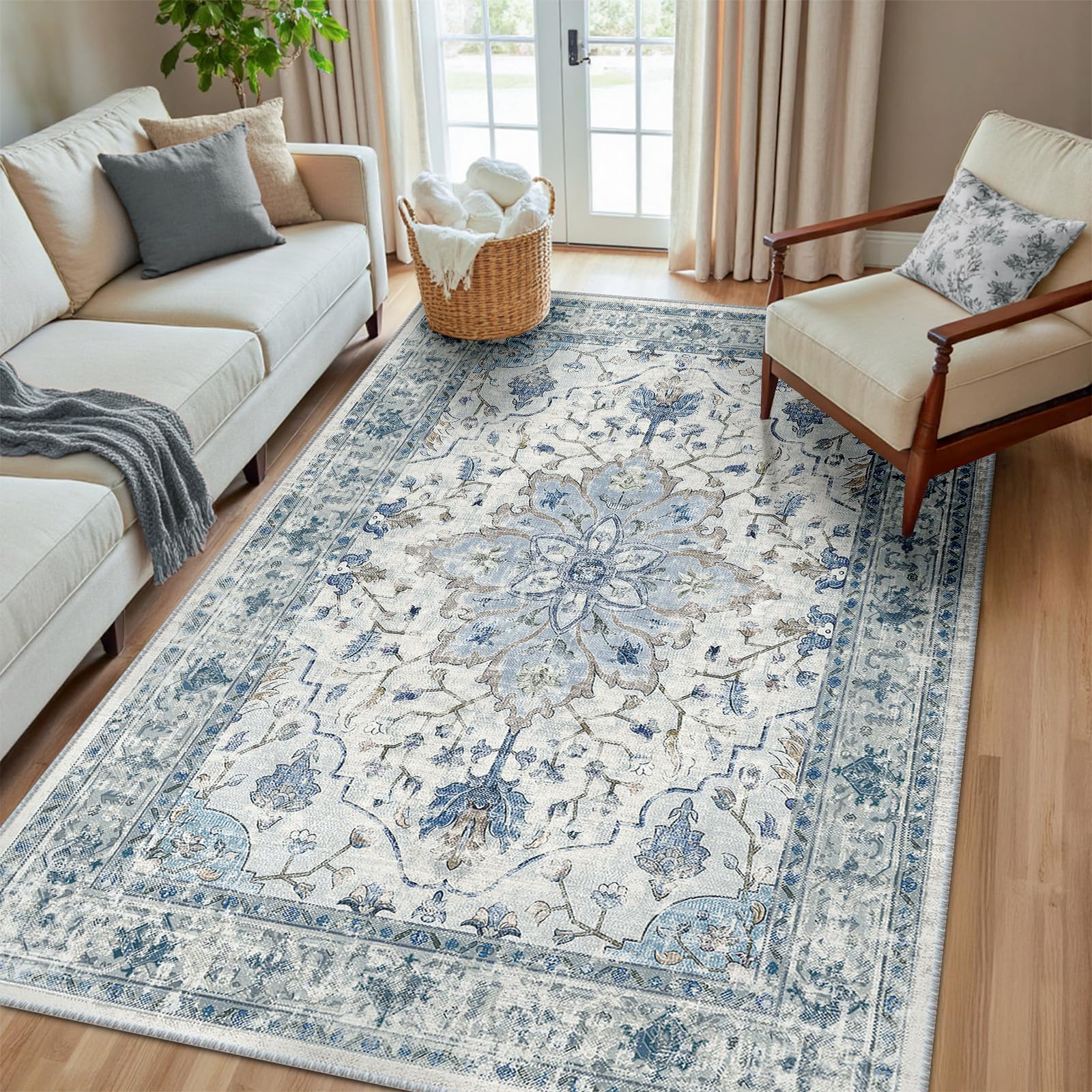 Photo 1 of RELEANY Washable Area Rug, 5'x8', Blue/White/Gray