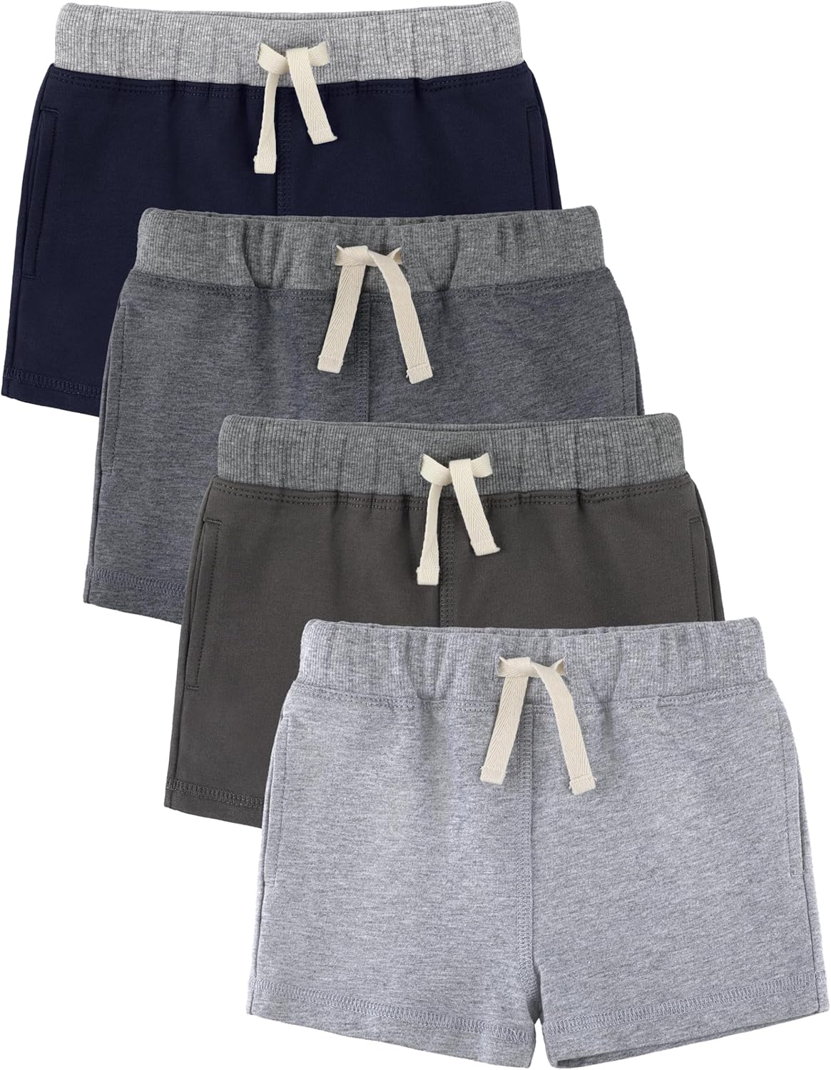 HoeVou Baby Boys Shorts 4-Pack 0-24M | Cotton Knit Pull-On with Adjustable Drawstring Waist & Pockets, Summer Playwear