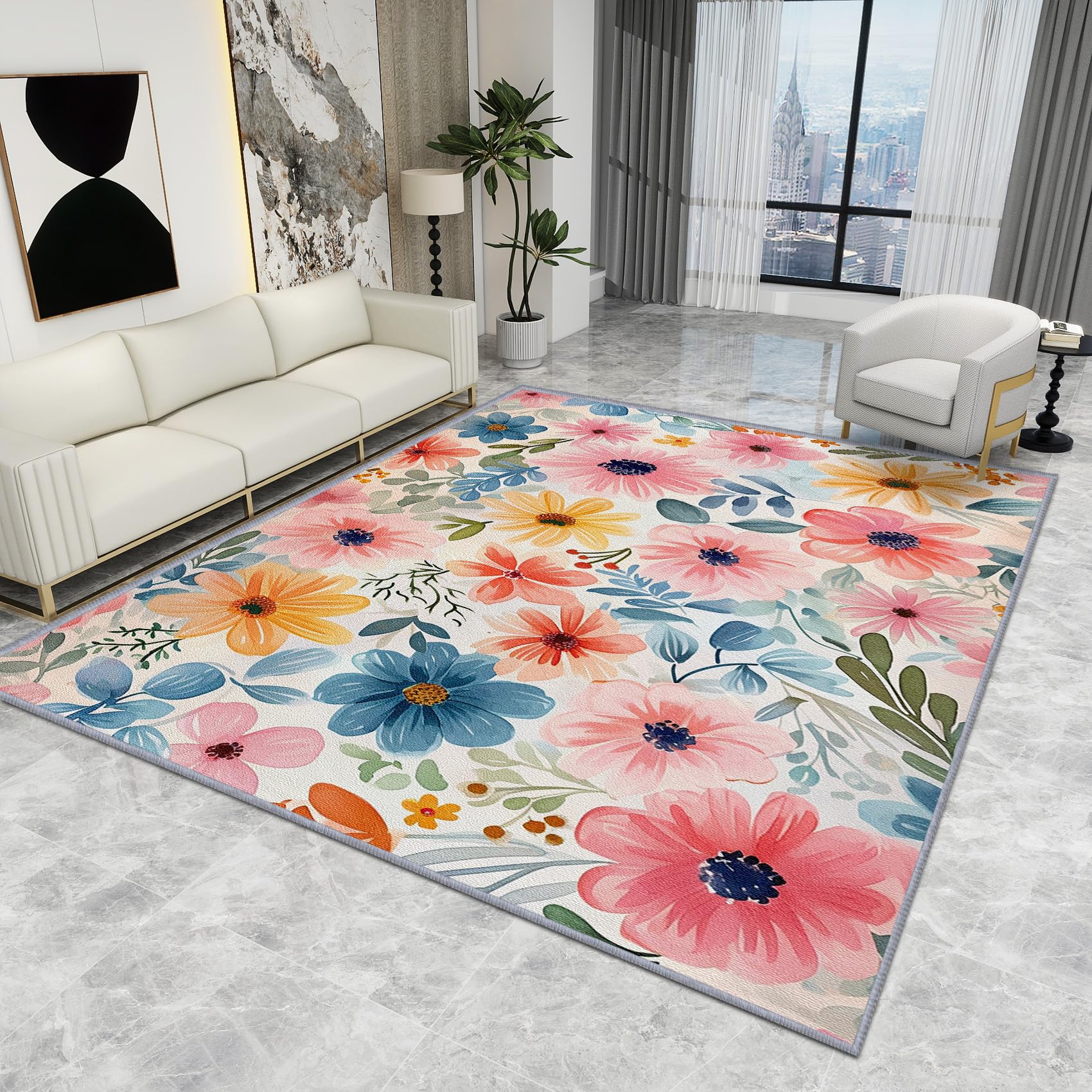Generic Floral Rug - Area Rug, 60 x 90 cm, Pink Blue Yellow, Machine Washable, Low Pile, Rectangular