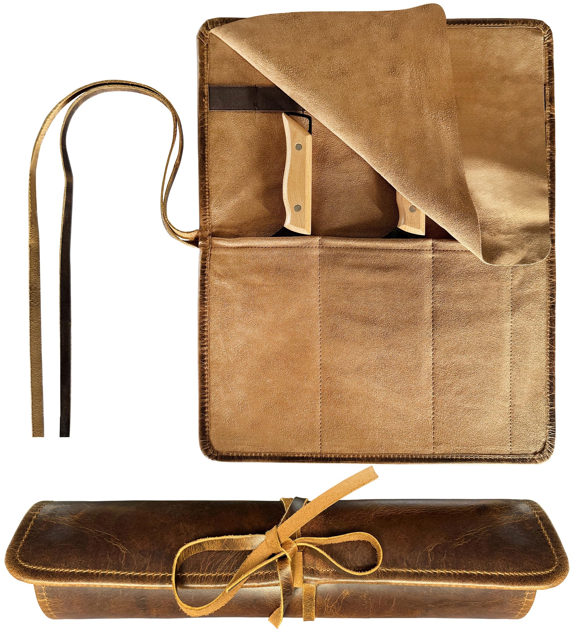 Leather Knife Roll Bag - 4 Slots Chef Carrying Case, Culinary Organizer