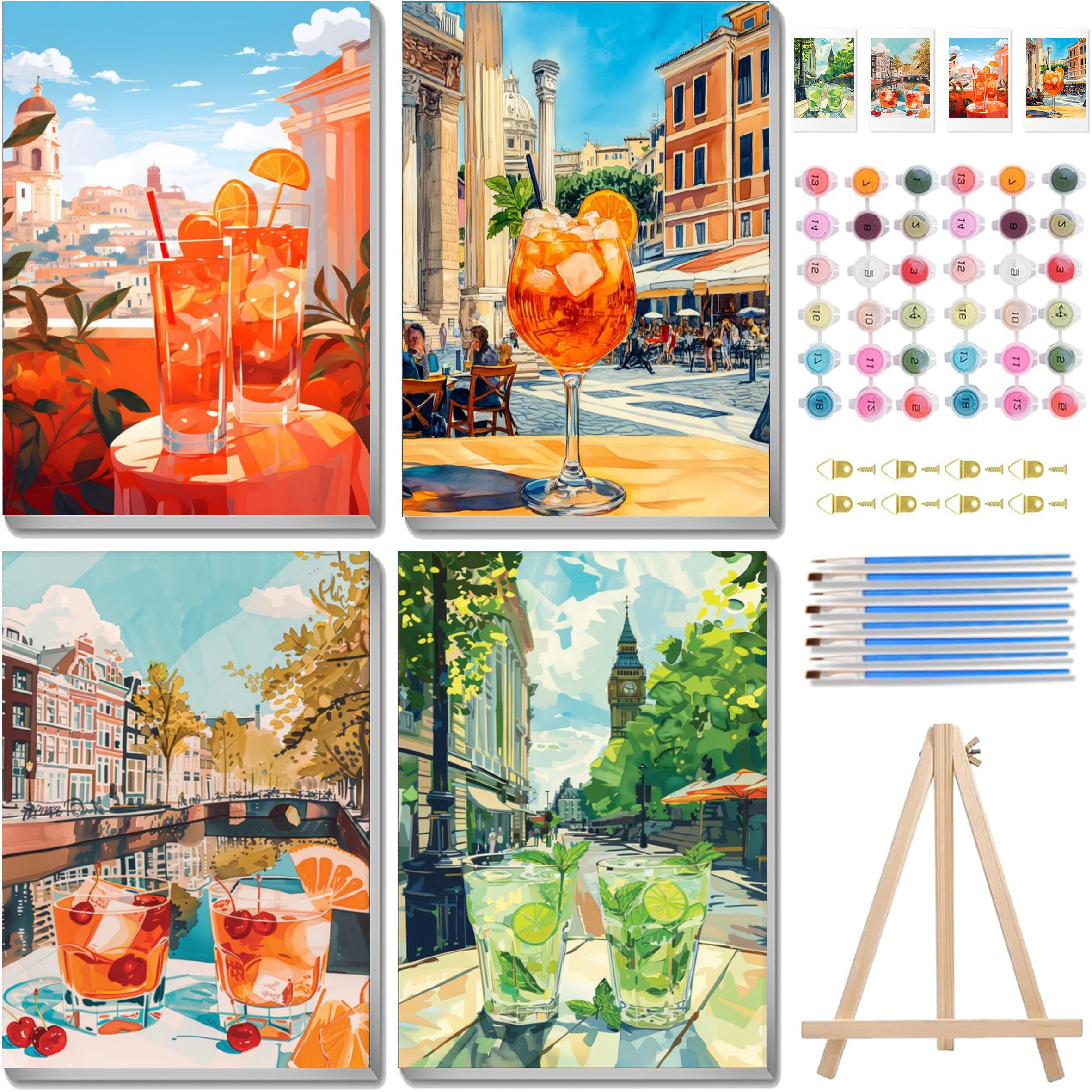Jakener 4 Pack Cocktail Paint by Numbers Kit for Adults Beginner with Frame,Easy Adult Paint by Number Kits on Canvas DIY Painting for Beginners Art by Numbers for Home Wall Decor 10x12 Inch