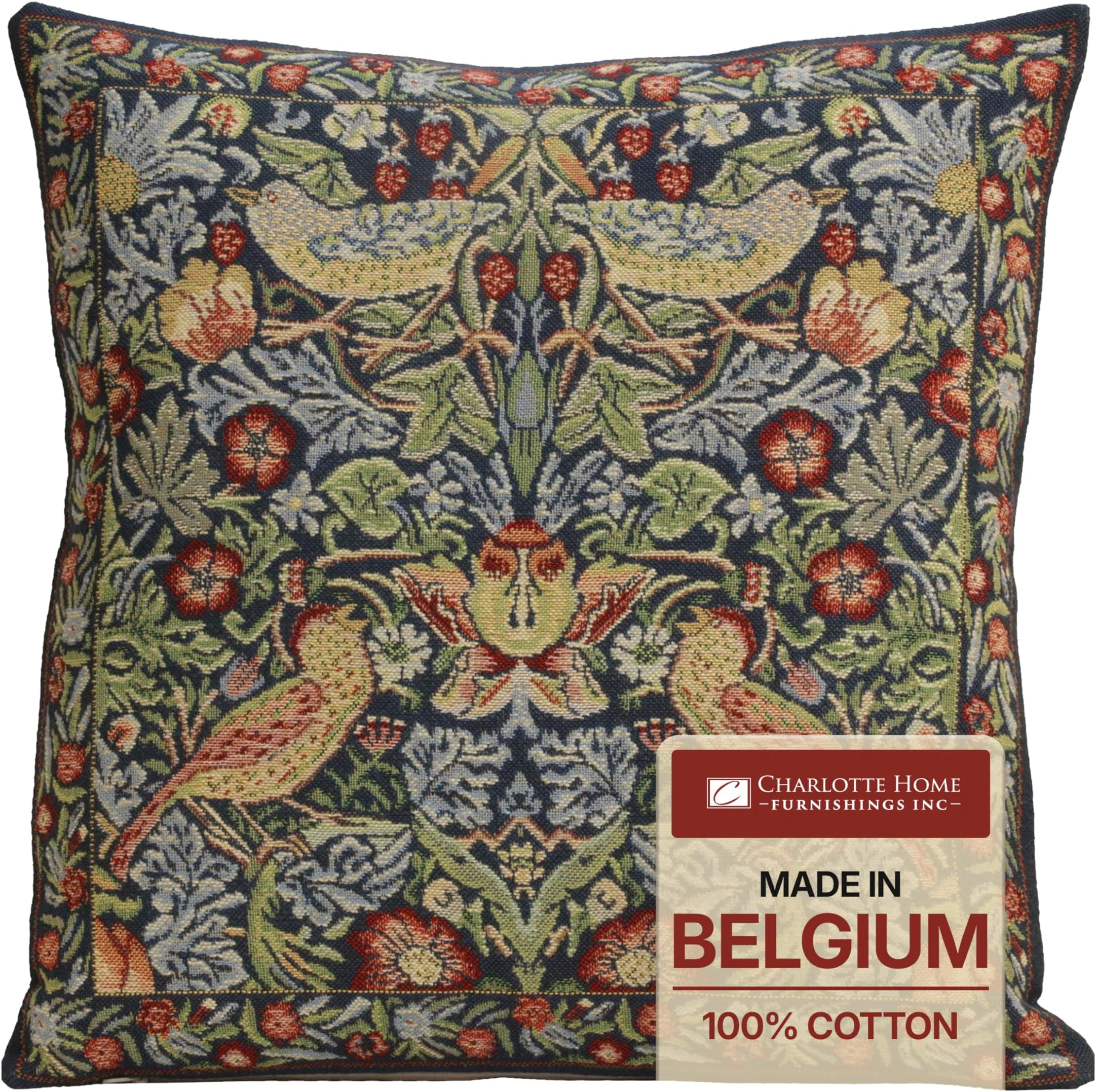 Charlotte Home Furnishings Inc Tapestry Throw Pillow Covers 16x16 Blue Strawberry Decorative Couch Pillow Covers William Morris Inspired 100% Cotton Cozy Home Decor Jacquard Woven Floral Living Room
