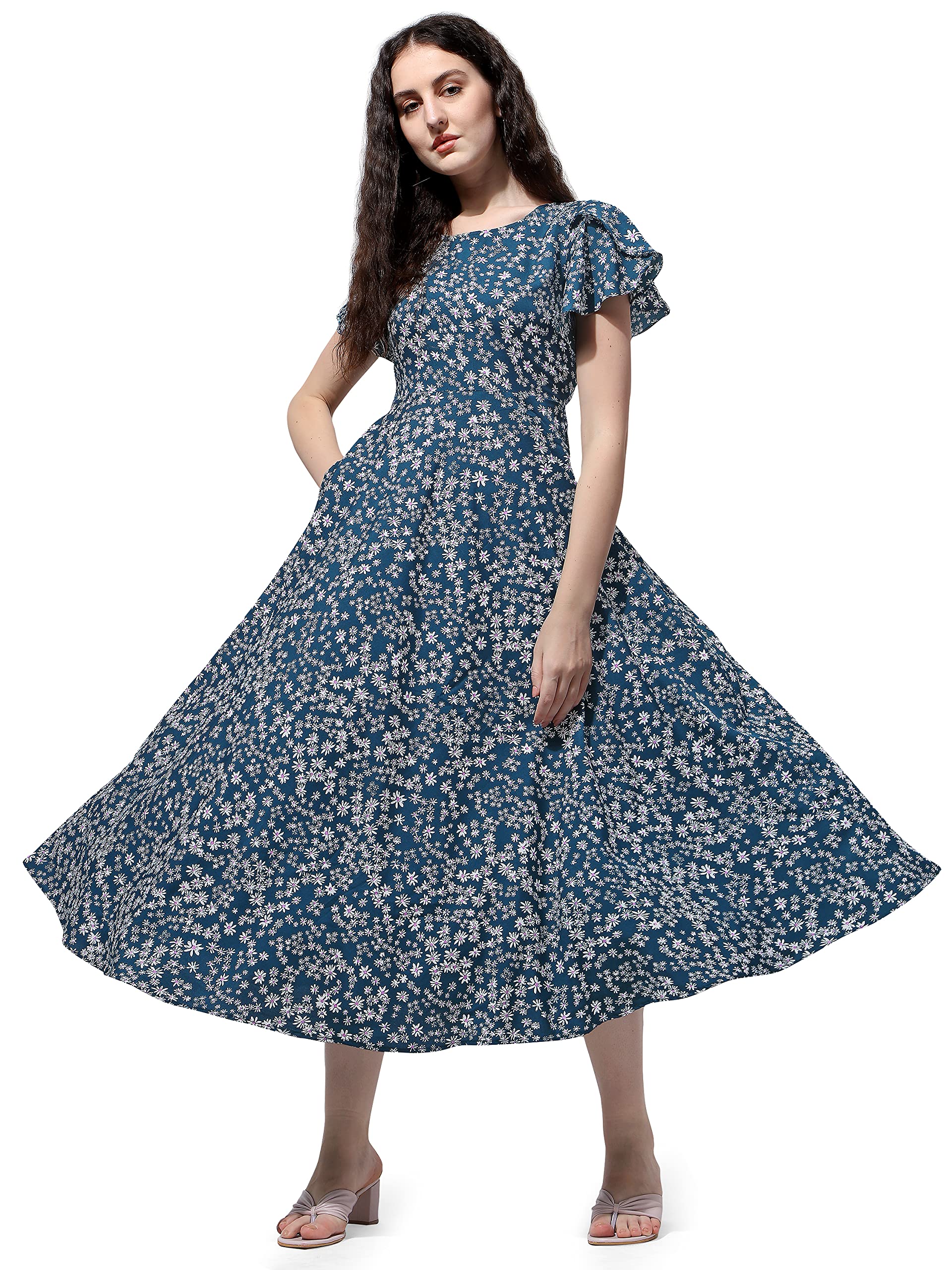 Oomph! Dress For Women Stylish | One Piece For Women Long | Trendy Long One Piece Summer Outfit | Lightweight Flared Maxi Dress For Casual & Holiday Wear Green