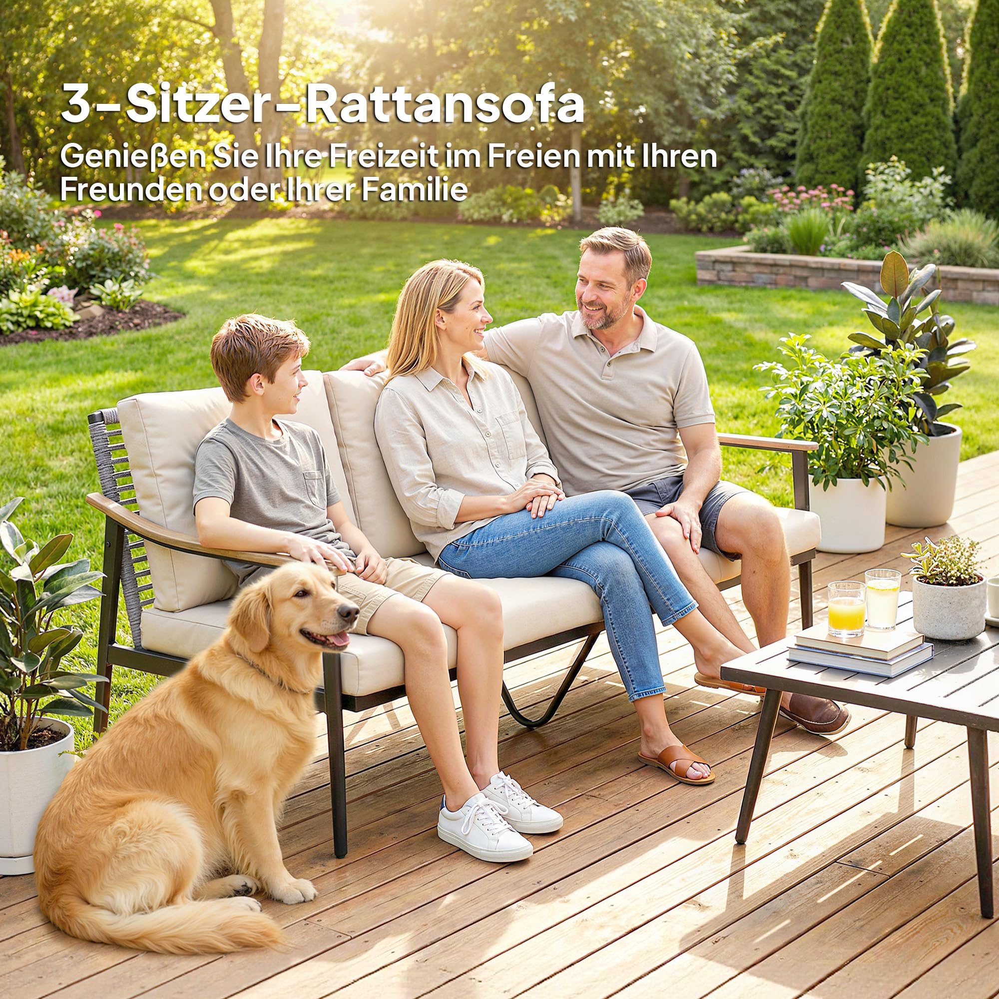 Outsunny Gartensofa 3-Sitzer Rattan Loungesofa mit abnehmbar Kissen Holzoptik-Armlehnen Stahlrahmen wetterfest Gartenbank Outdoor Sitzbank Gartenmöbel für Garten Terrasse Khaki