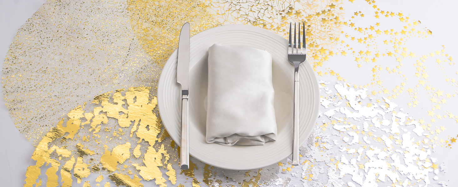 URROMA Set di 11 tovagliette usa e getta dorate, tappetino da pranzo, griglia in lamina d'oro, runner da tavola con paillettes glitterate in lamina metallica dorata sottile, decorazione da tavolo