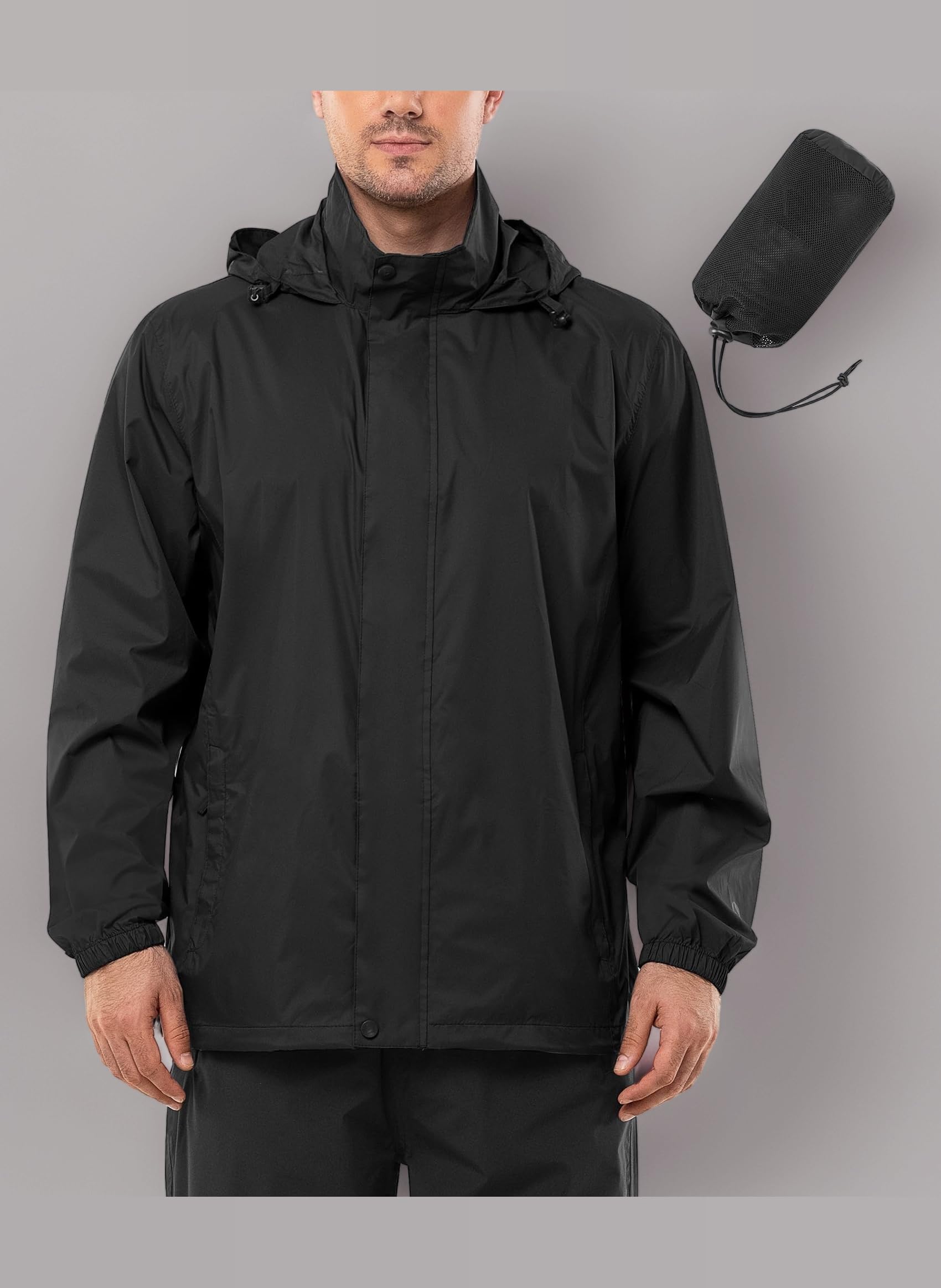 Mens Lightweight Waterproof Jackets, Packable Rain Jacket Breathable Windproof Raincoat Adjustable Hiking Outdoor Jacket