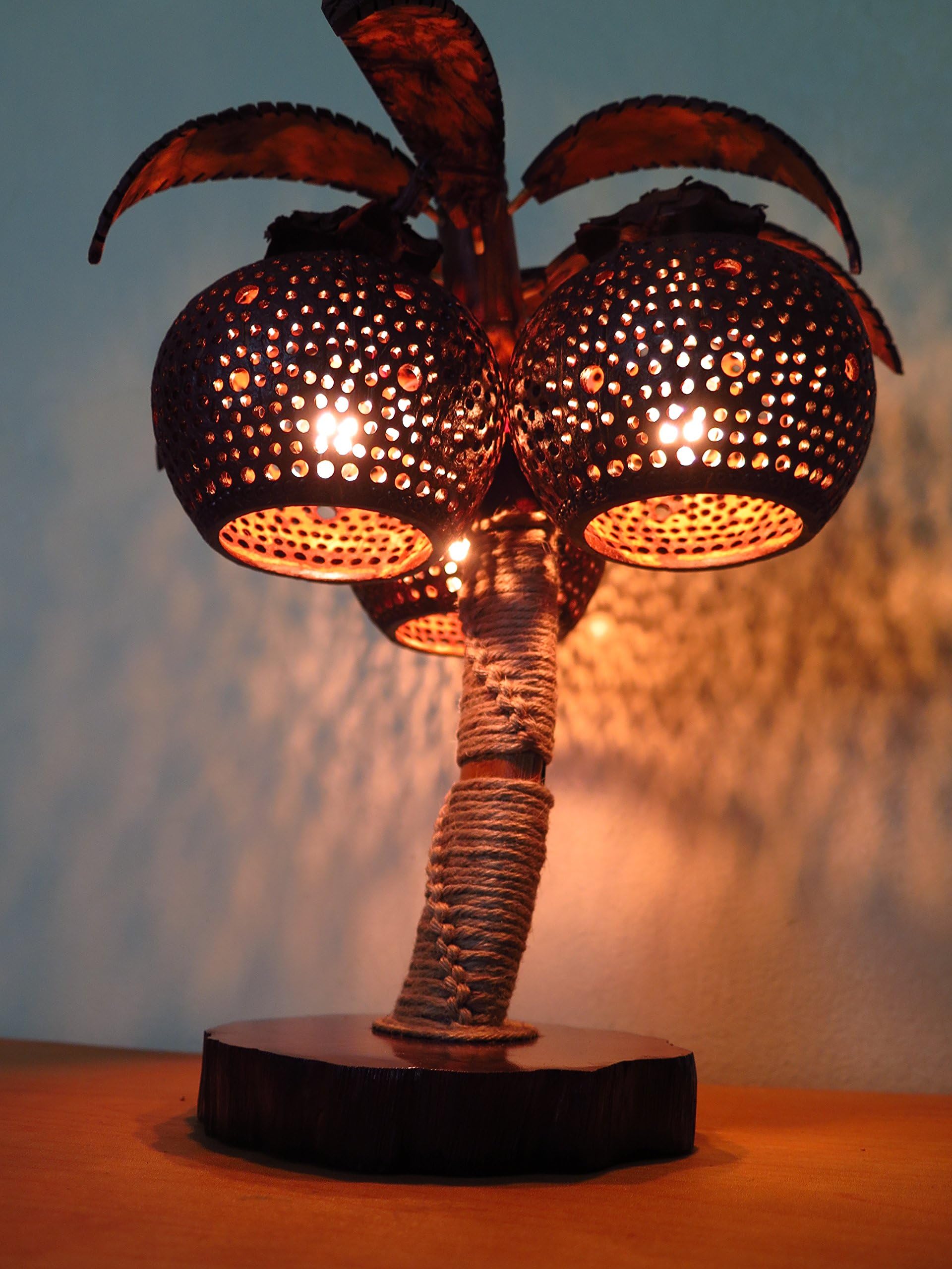 Wooden Bedside Table Lamps of Coconut Shell - Asian Night Light Wood Shades, Desk Lamp, Handmade
