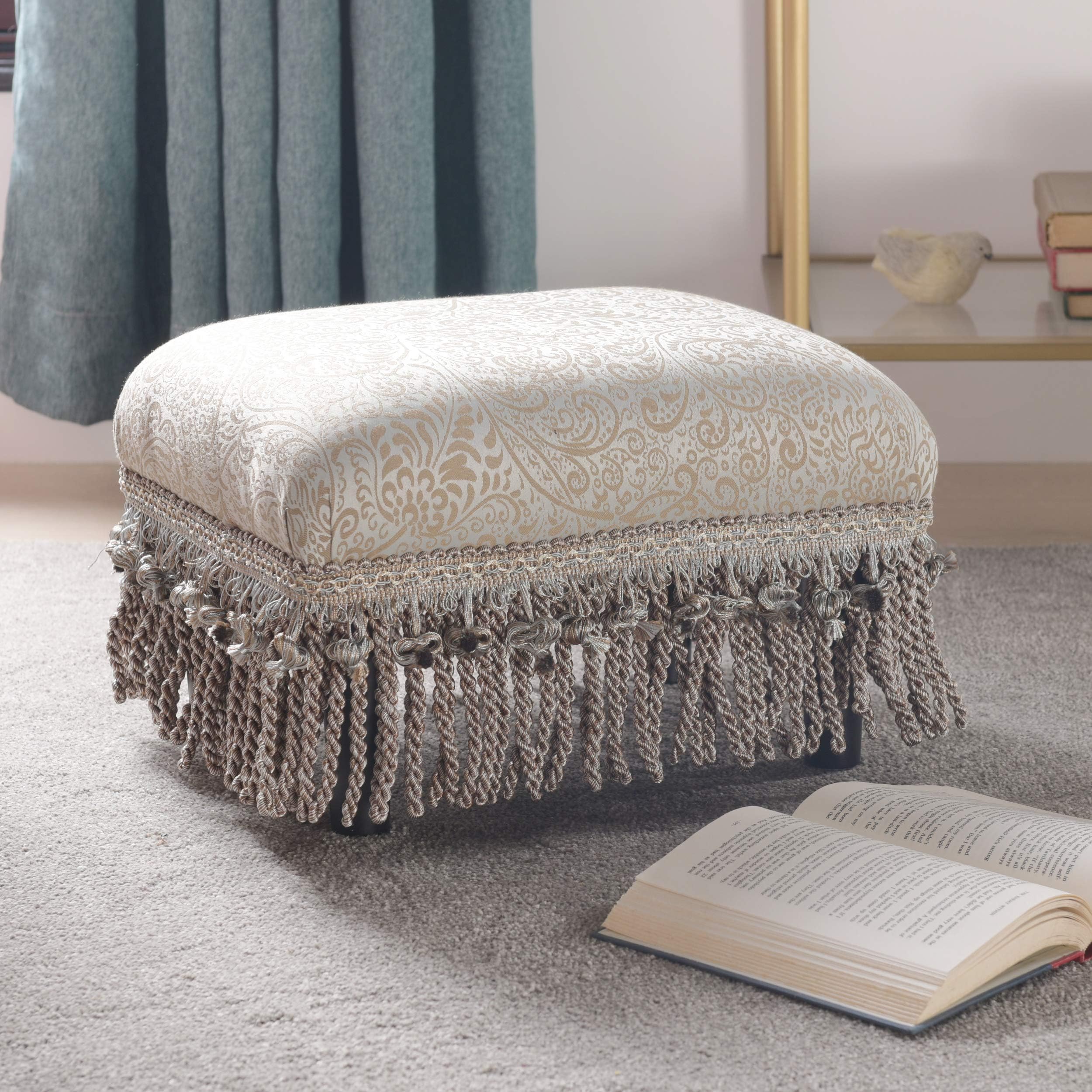 Jennifer Taylor Home Fiona Collection Traditional Style Upholstered Fringed and Tasseled Rectangular Wood Framed Footstool, Teal Tan/Paisley