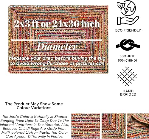 Miniatura 4 de Alfombra de trapo multicolor de 2 x 3 pies, trenzada, ovalada, para sala de estar, alfombra colorida  Alfombra rústica reversible de yute Chindi de