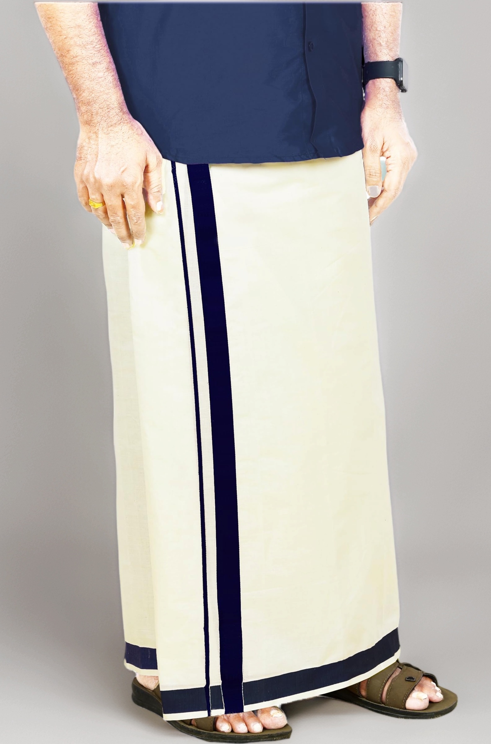 Mens Thick Border 100% Cotton Cream Dhoti 4.0 Meters Double Mundu/Vesti