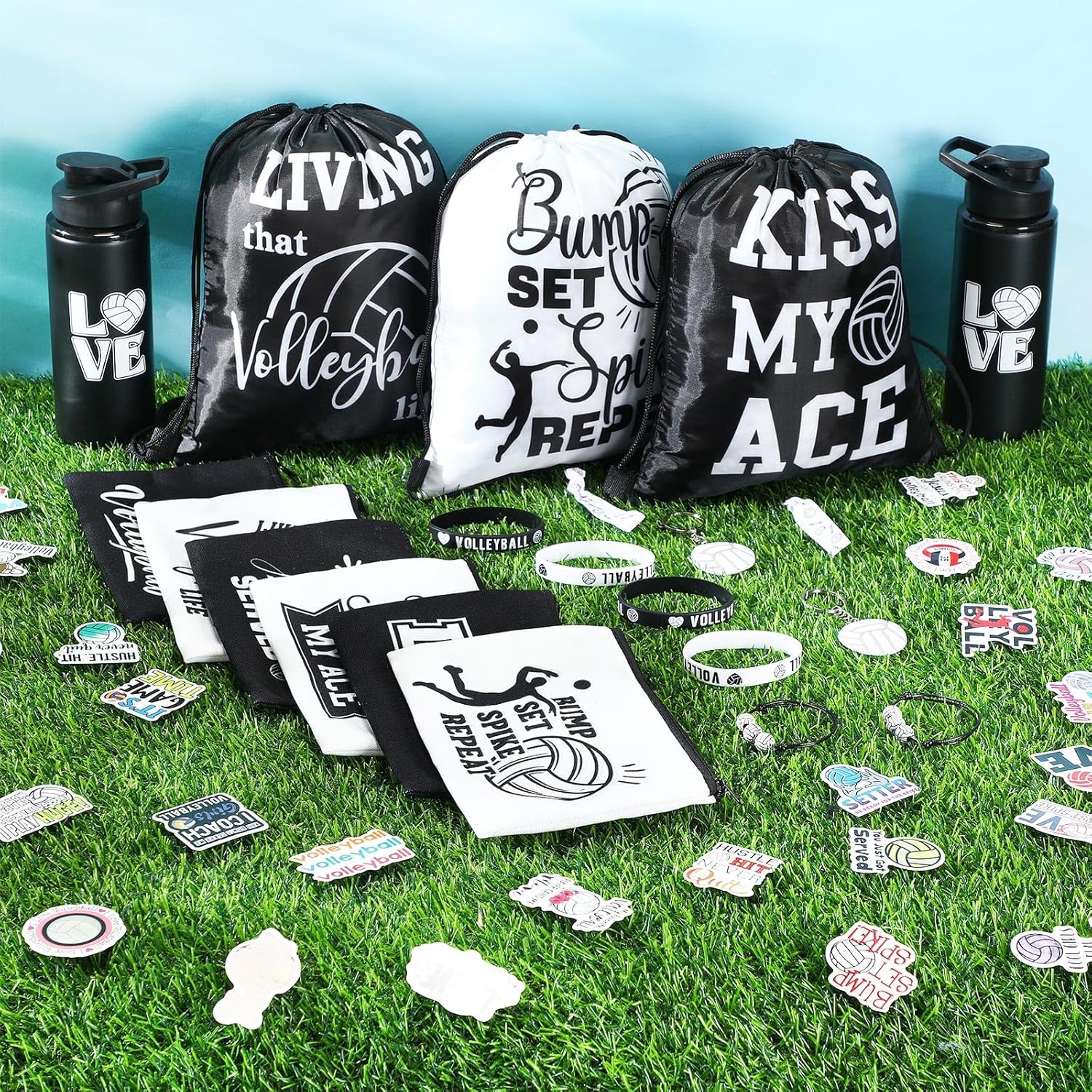 85 Pcs Volleyball Party Favors Volleyball Gifts for Teen Girls with 12 Set Drawstring Backpack a Set Stickers Keychain Silicone Bracelet Makeup Bag Hair Bands Bottle Sports Party Supplies - Image 5