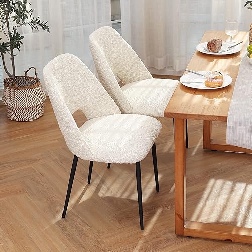 Miniatura 5 de JIRAIN Juego de 2 sillas de comedor modernas de mediados de siglo, sillas de comedor tapizadas de tela Boucle con patas de metal, sillas de sherpa