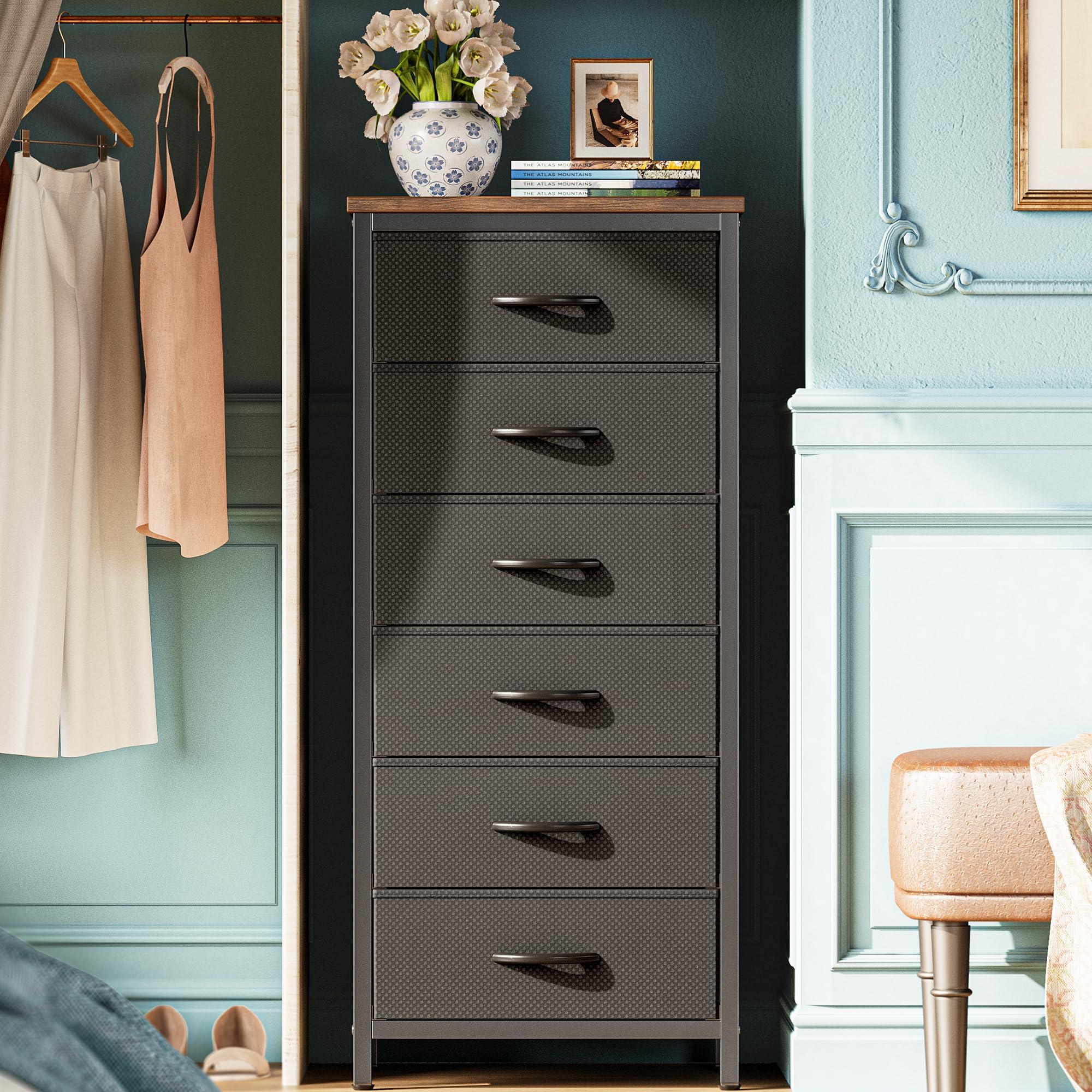 Huuger Tall Dresser for Bedroom, 6 Drawer Dresser & Chests of Drawers, Fabric Dresser for Closet, Bedroom, Night Stand, End Table with Metal Frame, Storage Tower, Rustic Brown and Black