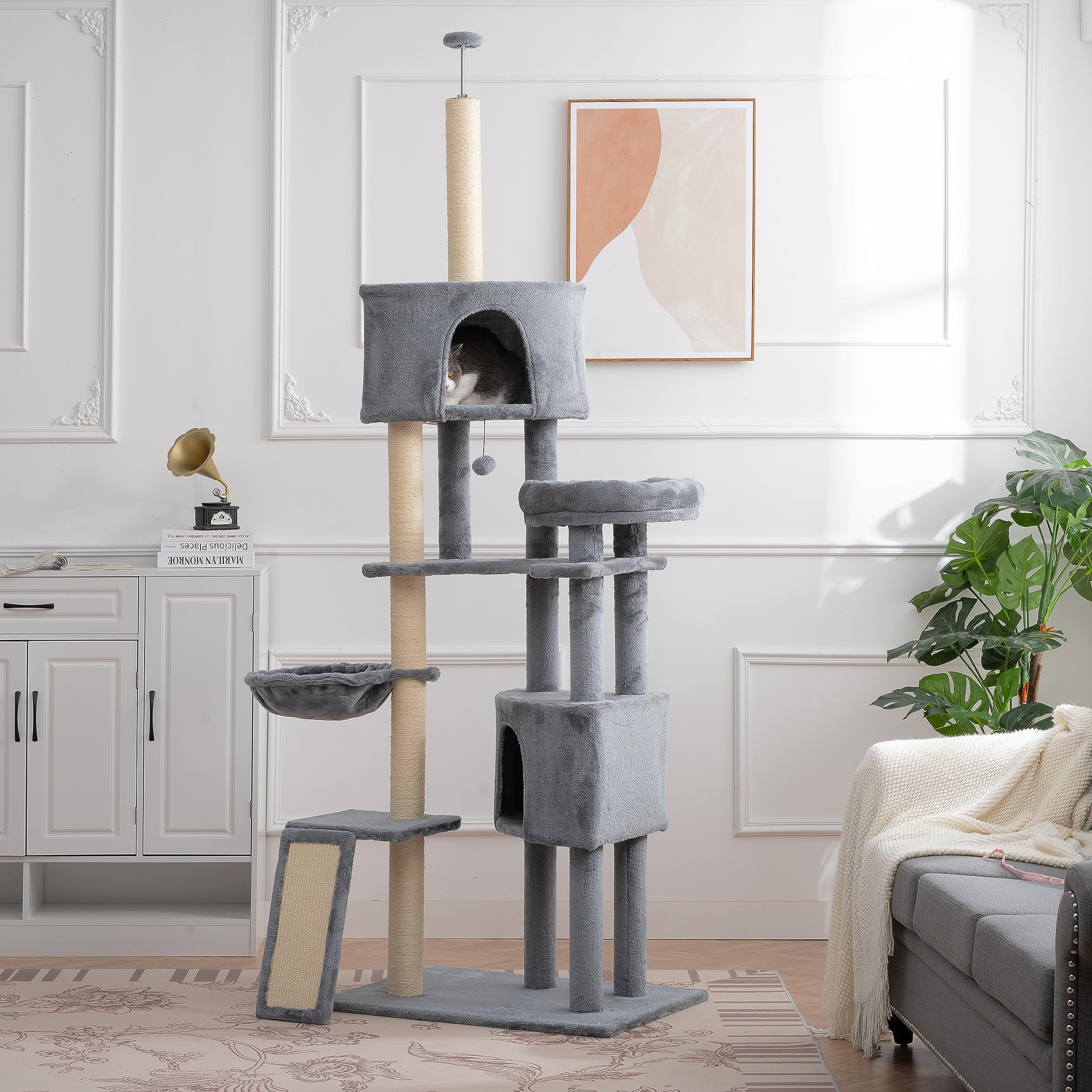MilleLoom Cat Tree, 105-Inch Cat Tower for Indoor Cats with 3 Perches, 2 Caves, Basket, and Scratching Board, Adjustable Height, Safety Rope, Suitable for Medium to Big Cats