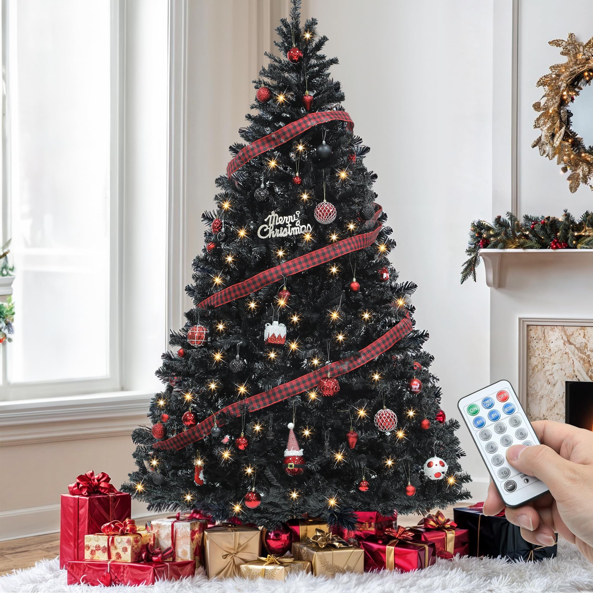 YITAHOME 6ft Prelit Black Artificial Christmas Tree with Remote Control, Hinged Christmas Tree Pine Tree for Home, Office, Party Decoration with 818 Branch Tips and 250 Lights Black 6ft