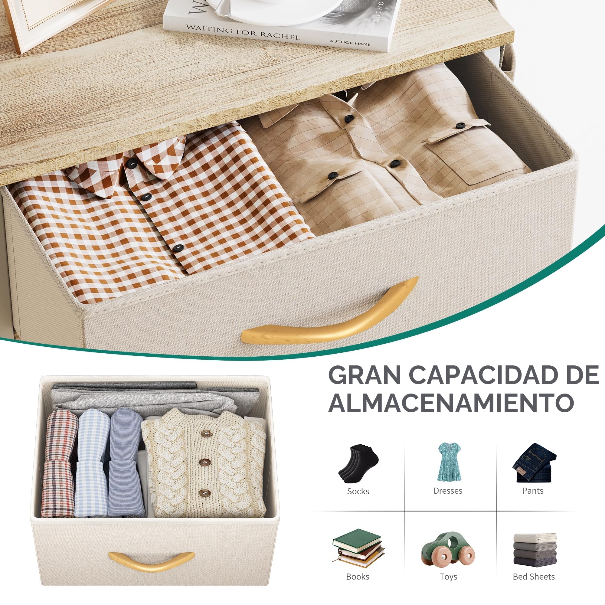 YITAHOME Cajonera de Tela con Bolsillos Laterales, Ganchos,Cómoda de Tela,Unidad de Almacenamiento,con 5 cajones Extraíbles,Cómoda de para Sala de Estar,Dormitorio, habitación Infantil,Beige