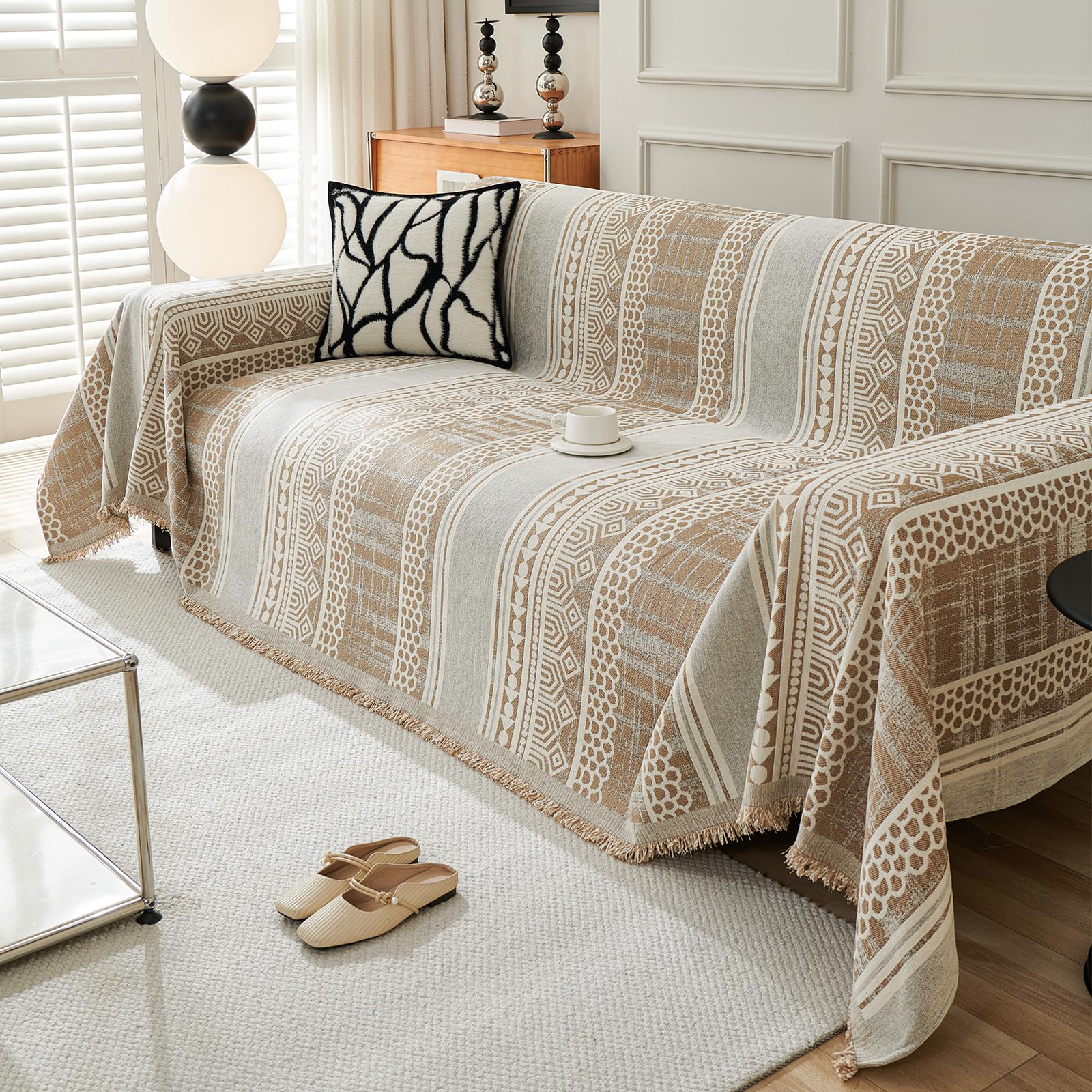 VanderHOME Sofa Throws 1 2 3 4 Seater Throws for Sofas Large Throws for Settees, Boho Throw Reversible Woven Blanket Throw, Decroative Soft Sofa Blanket 180 * 230cm-Khaki