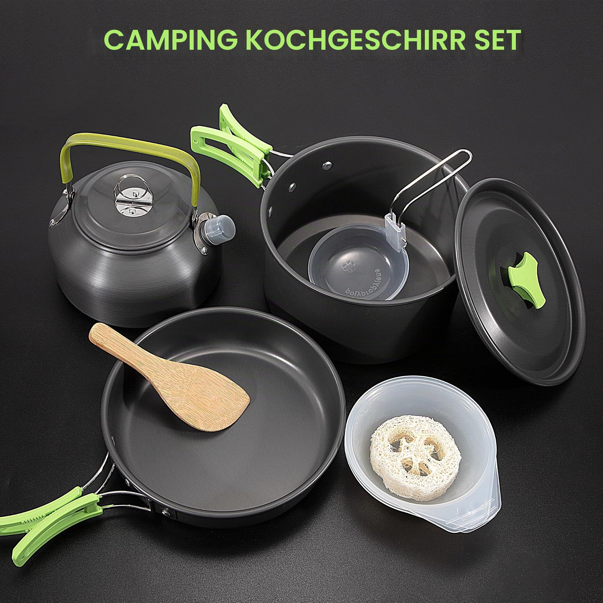 Camping Kochgeschirr Set Leichtes Aluminium Outdoor Geschirr Set Faltbare Camping Topf und Pfannenset für 2-3 Personen