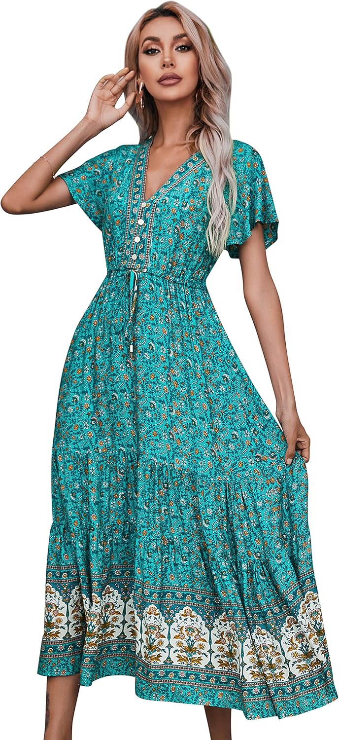 R.Vivimos Womens Summer Floral Print Cotton Short Sleeve Flowy Dress