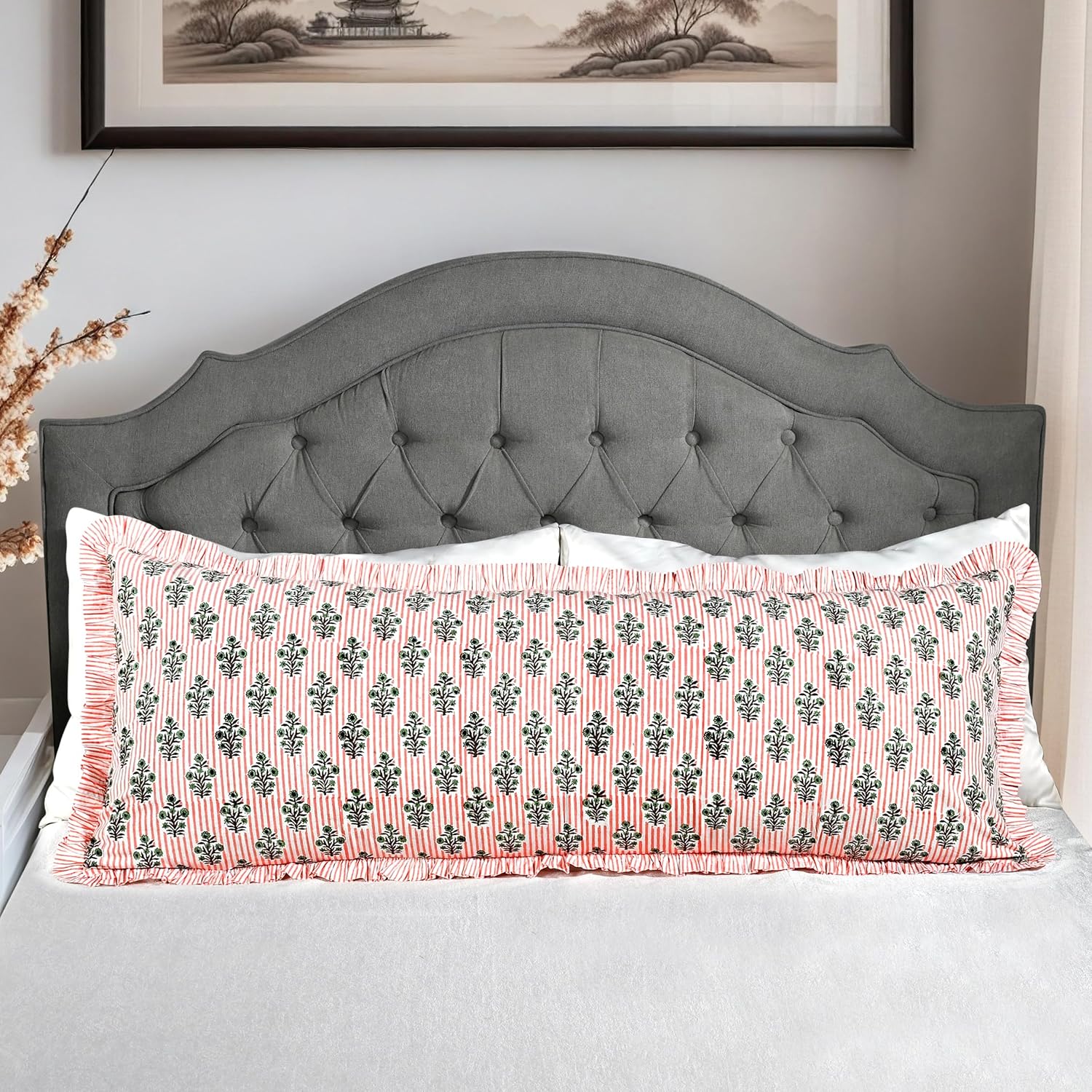 Ridhi Salmon Blossom Stripe 100% Cotton Block Print Ruffle Sham Cover 20x54 Set of 1 Floral Pillowcase, Farmhouse Cottagecore Bedding, Decorative Cushion Cover for Bedroom Spring, Easter, Valentine