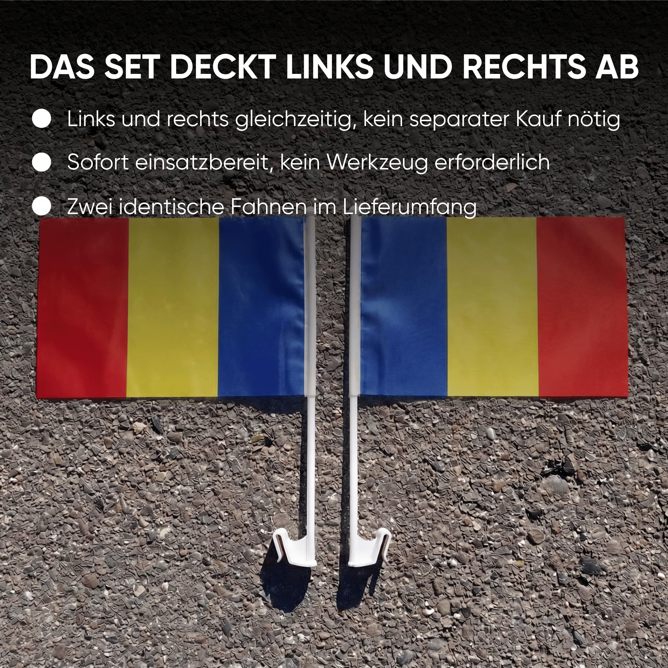 Auto Fahnen Rumänien Komplett Set - Motorhaubenfahne, 2 Autofahnen Fenster & 2 Außenspiegelfahnen, Fußball Fanartikel FZG für EM & WM, Rumänische Flagge Fahrzeug Deko