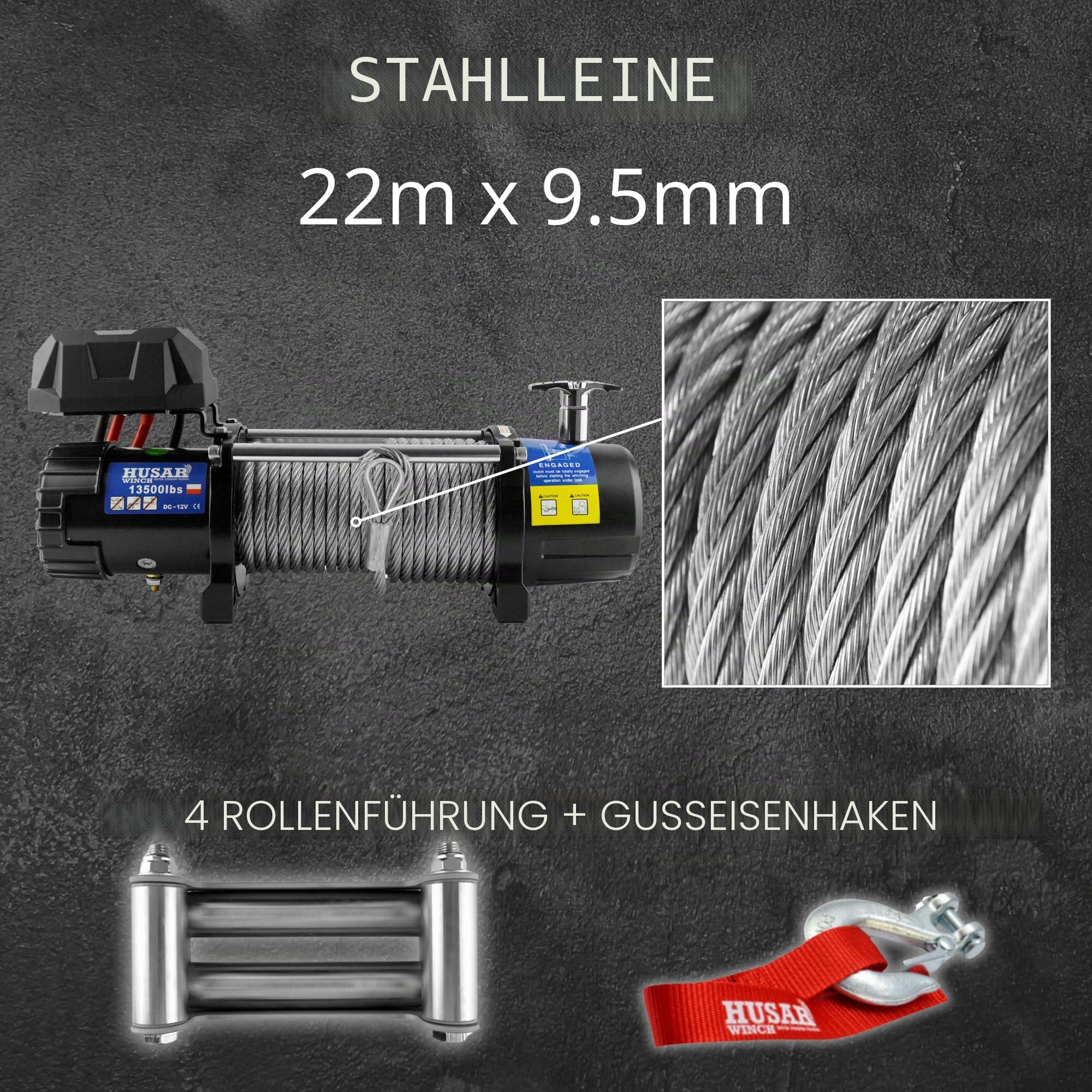 Elektrische Seilwinde 13500 lbs | 6124 kg 12V mit Stahlseil 22 m x 9,5 mm, Funkfernbedienung, 3-stufiges Planetengetriebe, ideal für Geländefahrzeuge, 4x4 Fahrzeuge, OFF-ROAD