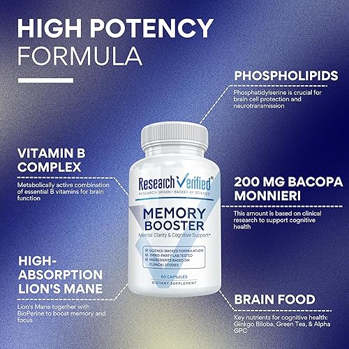 Miniatura 3 de Research Verified Refuerzo de memoria - Suplemento nootrópico - Mejora la cognición y la memoria - Melena de león, ginkgo biloba, bioPerine -