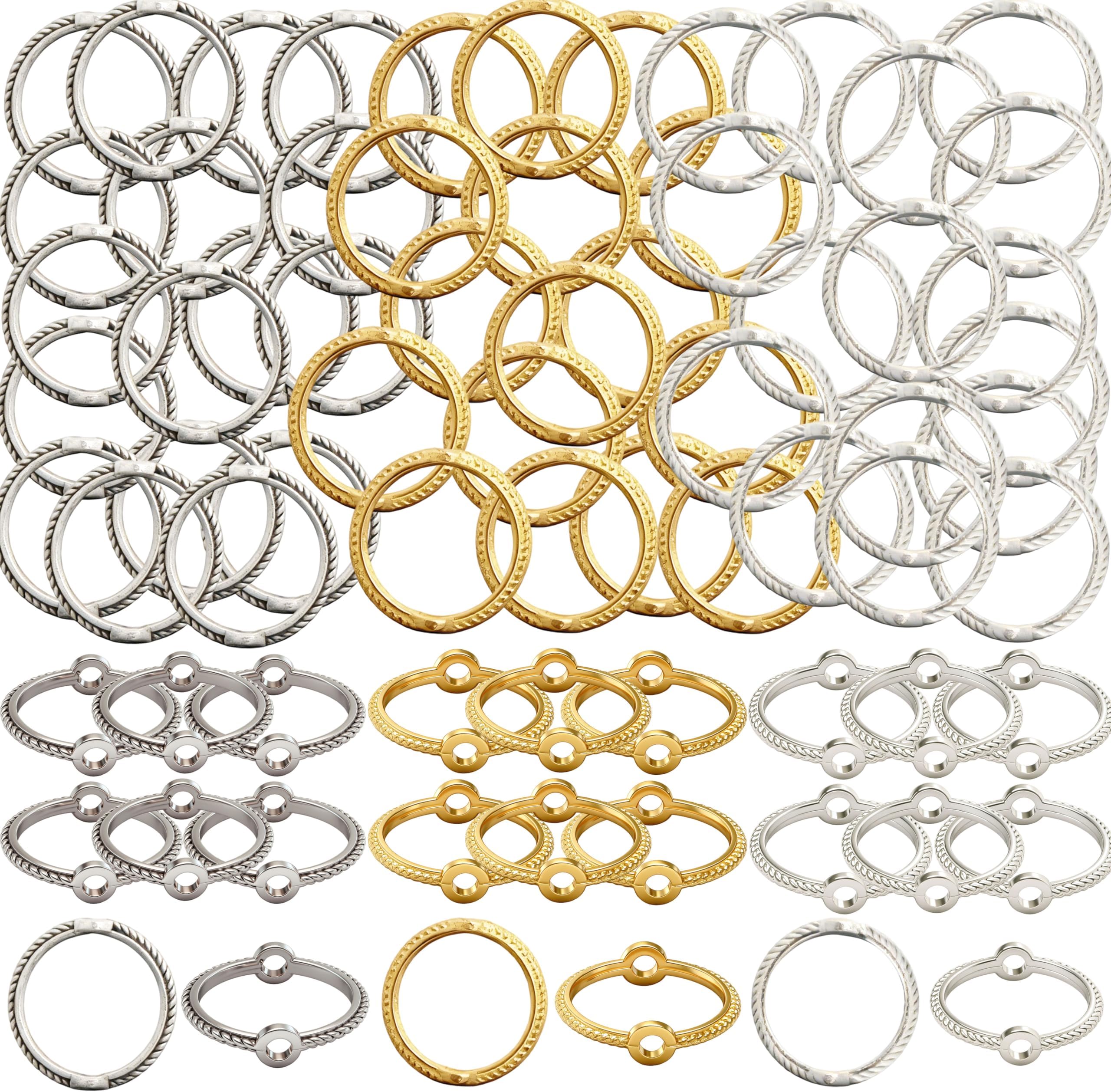 300PCS Double Hole Bead Frames for Jewelry Making, 10.5mm Large Twisted Linking Ring Connectors, Alloy Round 2 Hole Spacer Rings, for Beading Earring Bracelet Necklace(Gold, Silver, Anti-Silver)