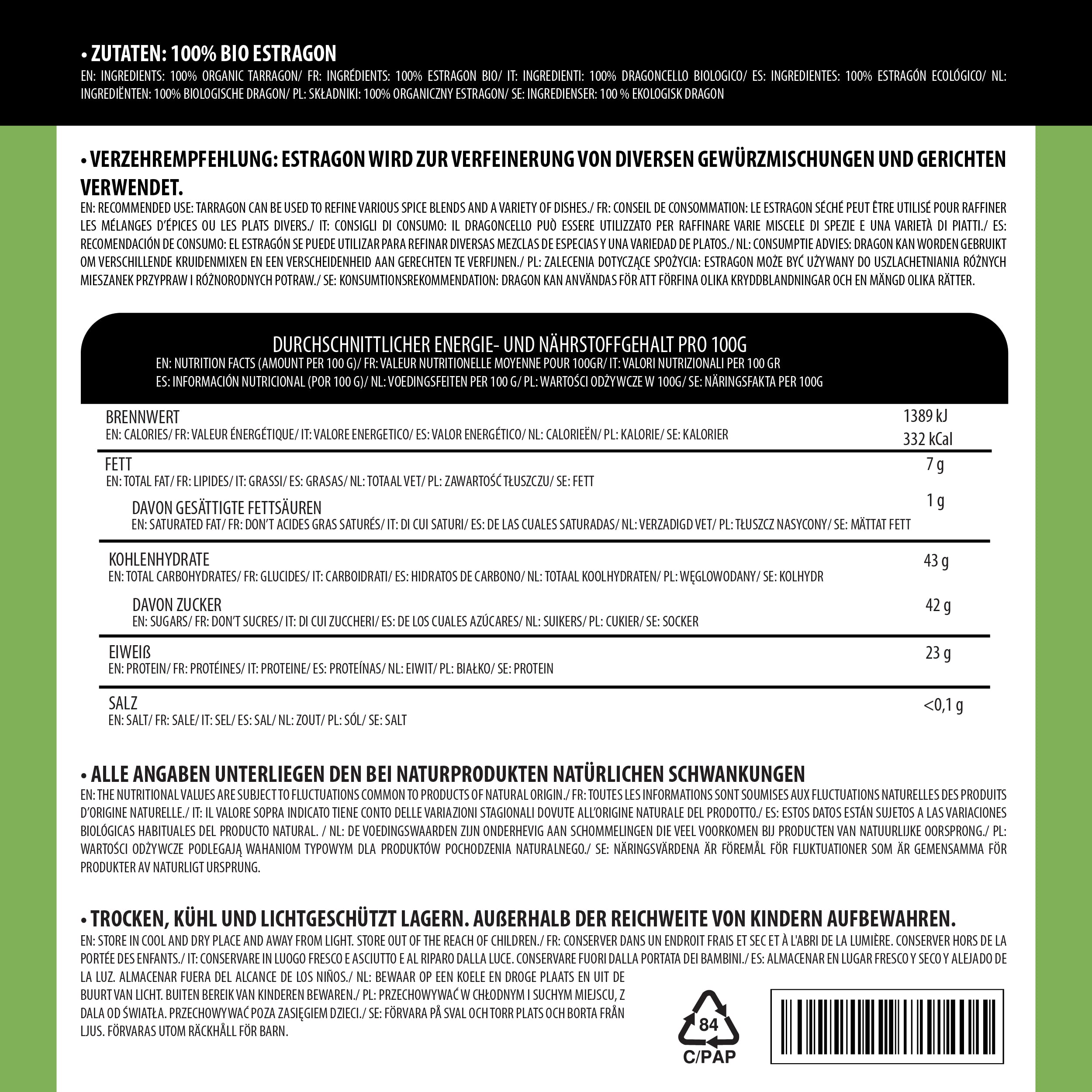 Alpi Nature Estragon Seco Orgánico 250g, Hierba Seca y Frotada, Especia Estragón para Cocinar y Condimentar