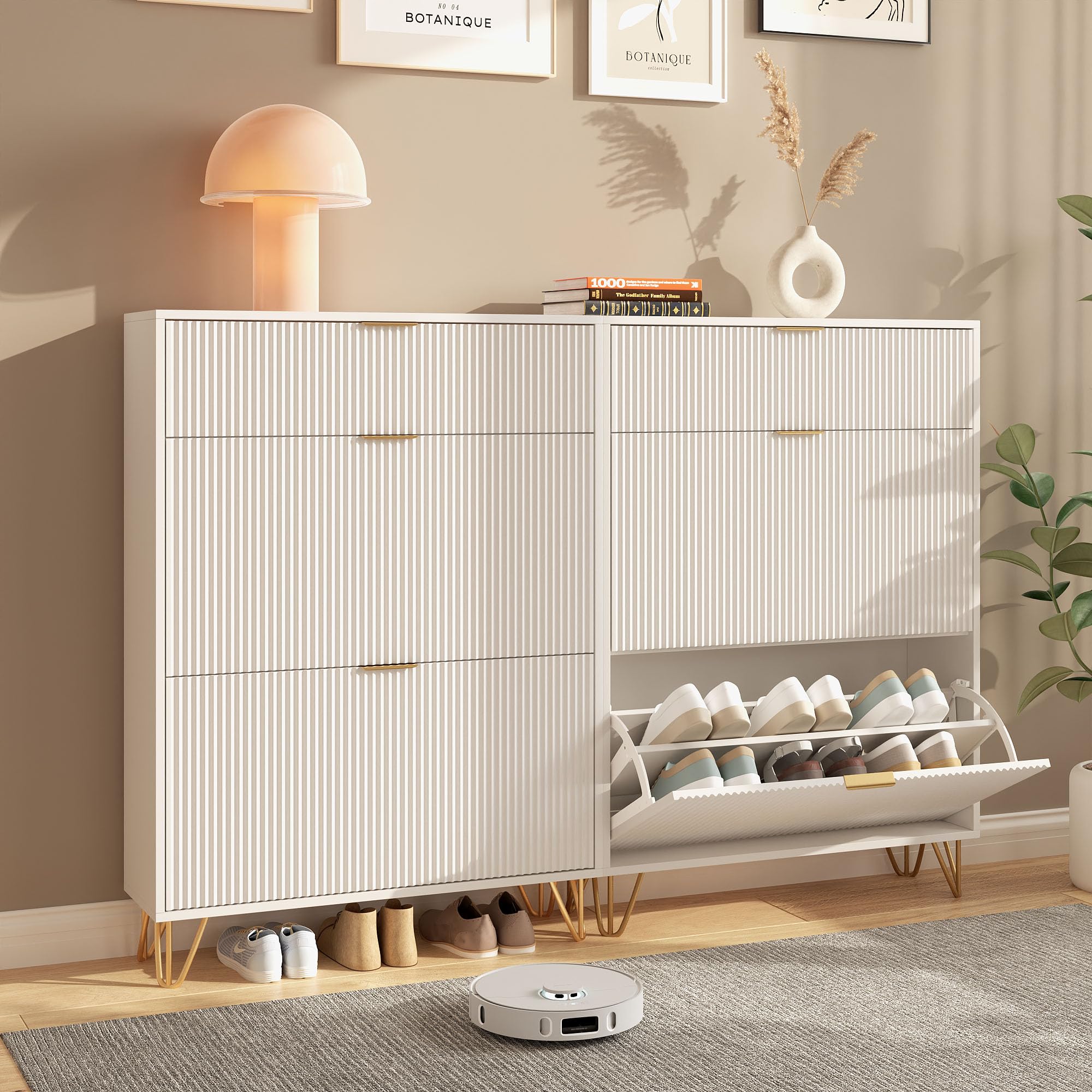 Zestaw 2 szafek na buty z 2 klapami i 1 drzwiami, biały, regał na buty, uchylny, wąski, mechanizm zapobiegający przechylaniu, do przedpokoju, 80 x 24 x 118,5 cm