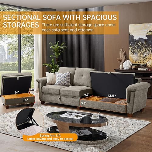 Miniatura 5 de Sofá modular convertible con almacenamiento, sofá en forma de L de 4 asientos con diván y portavasos, sofás modernos de tela de microfibra para sala