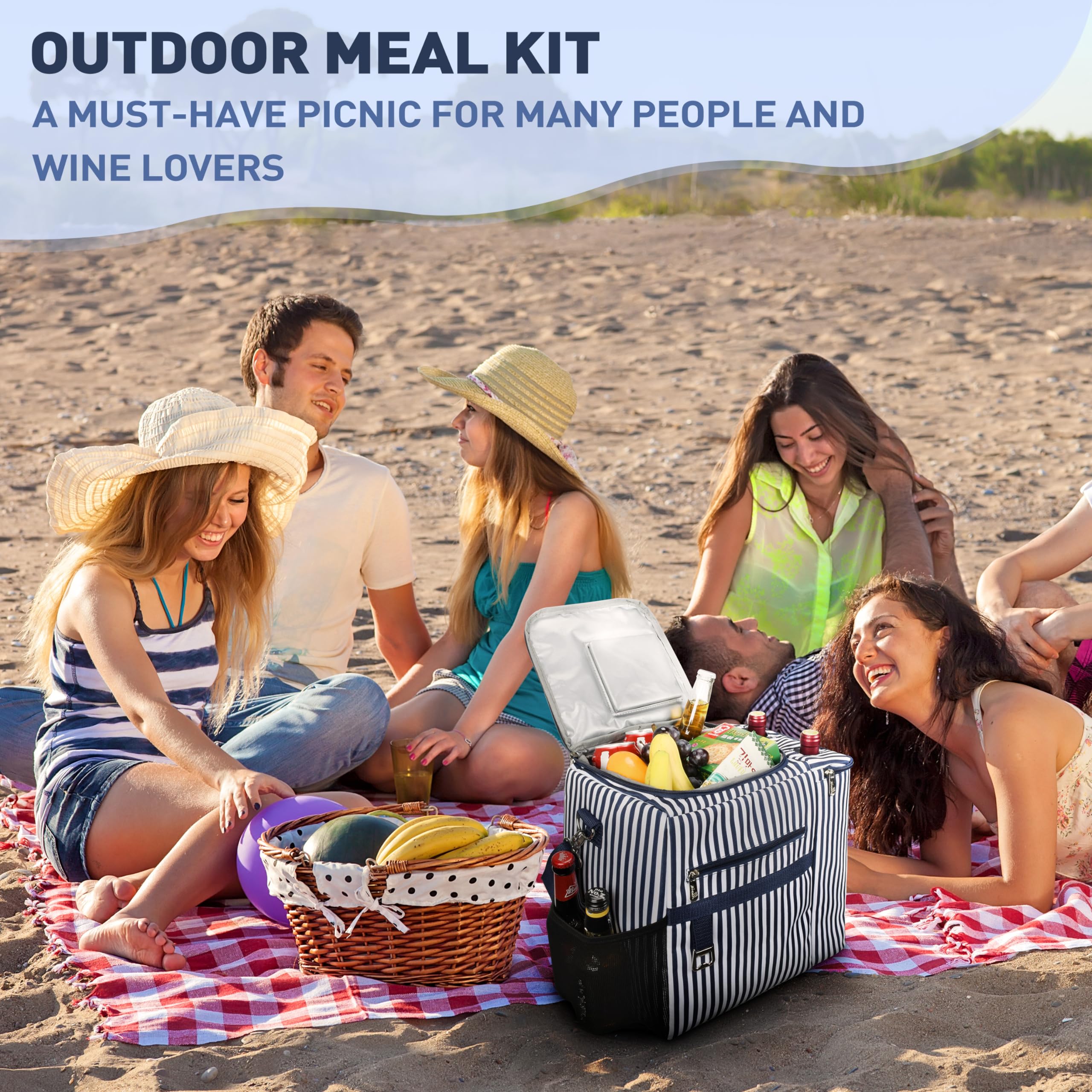 Gran Bolsa térmica de Picnic a Prueba de Fugas, Bolsa de Picnic aislada Bolsa de Comida para el Almuerzo con Correa de Hombro Ajustable para Picnic Camping Trabajo, Raya Azul