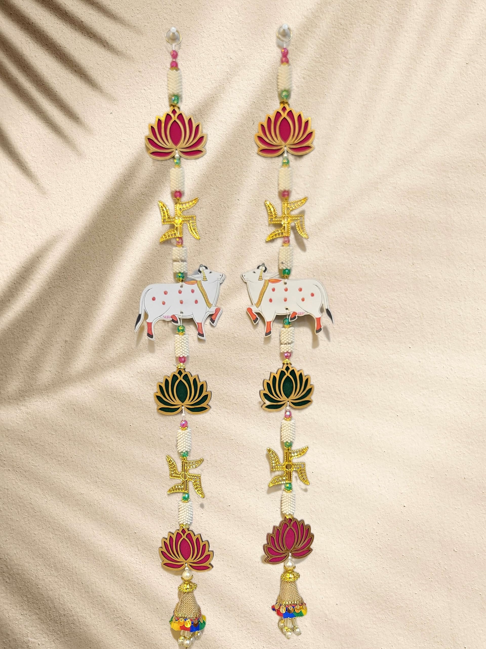 Kavya Fashion Artificial MDF Cow Pichwai with Lotus Cutouts and Pom Poms Backdrop Hangings for Home Decorations, Multicolored Home Diwali Decor, Wedding and Festival Decor, 1 Pair Design 11, 30 Inch