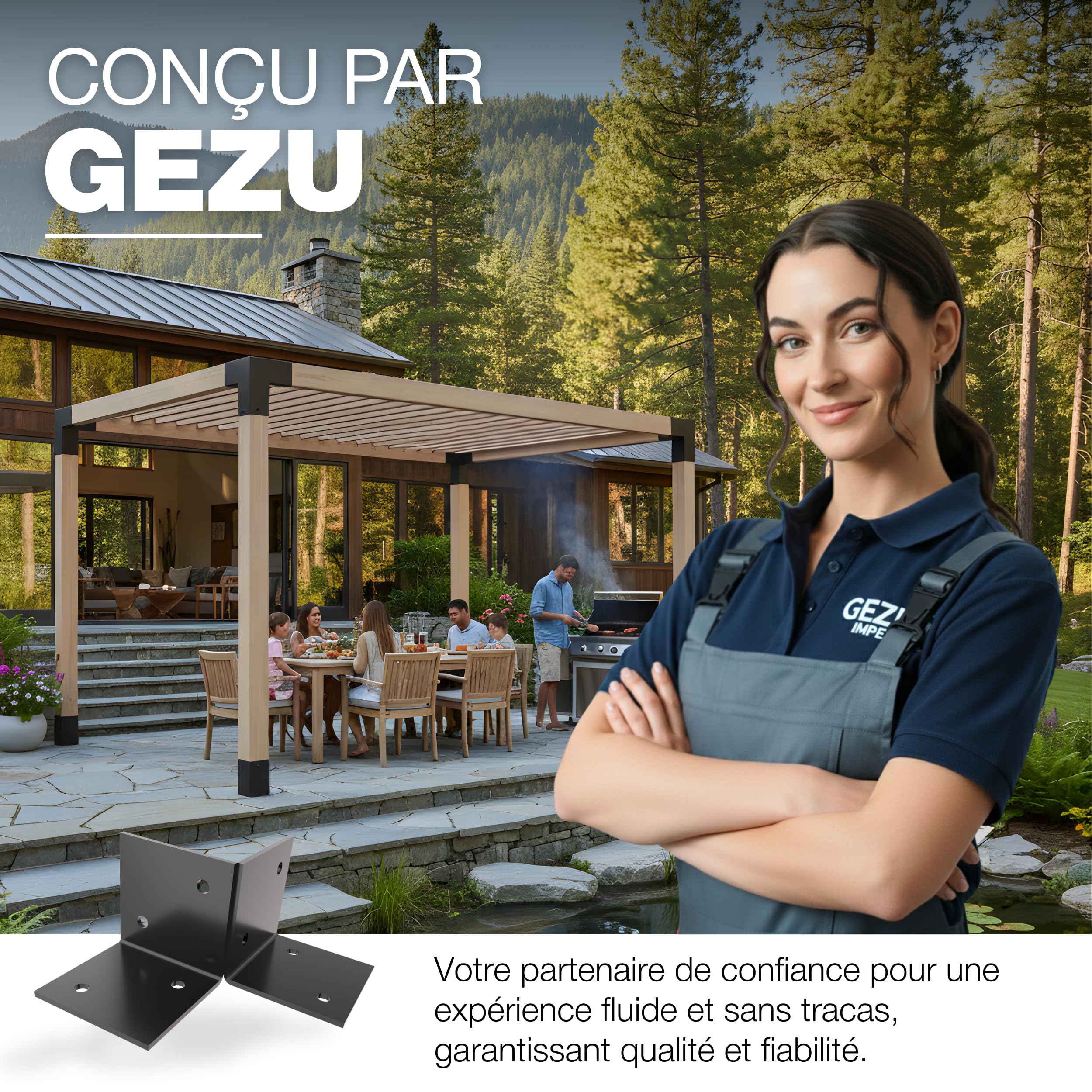 GeZu Impex Support De Sol Pergola 91x91mm Lot de 4 Revêtu de Poudre Noire Kit de Pergola en Bois Plaques de Sol Fixation au Sol Support de Sol Connecteur de Poteau