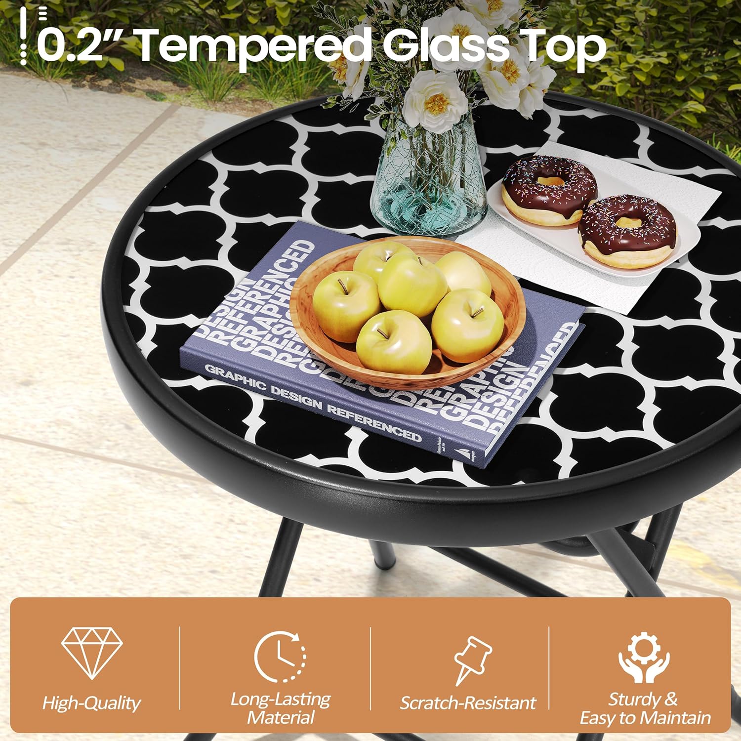 Foldable Side Table with Tempered Glass Top 18" Outdoor Folding Side Tables Small Glass Patio Table for Porch Yard Balcony Deck Lawn Dining Garden (Black and White Stripe)