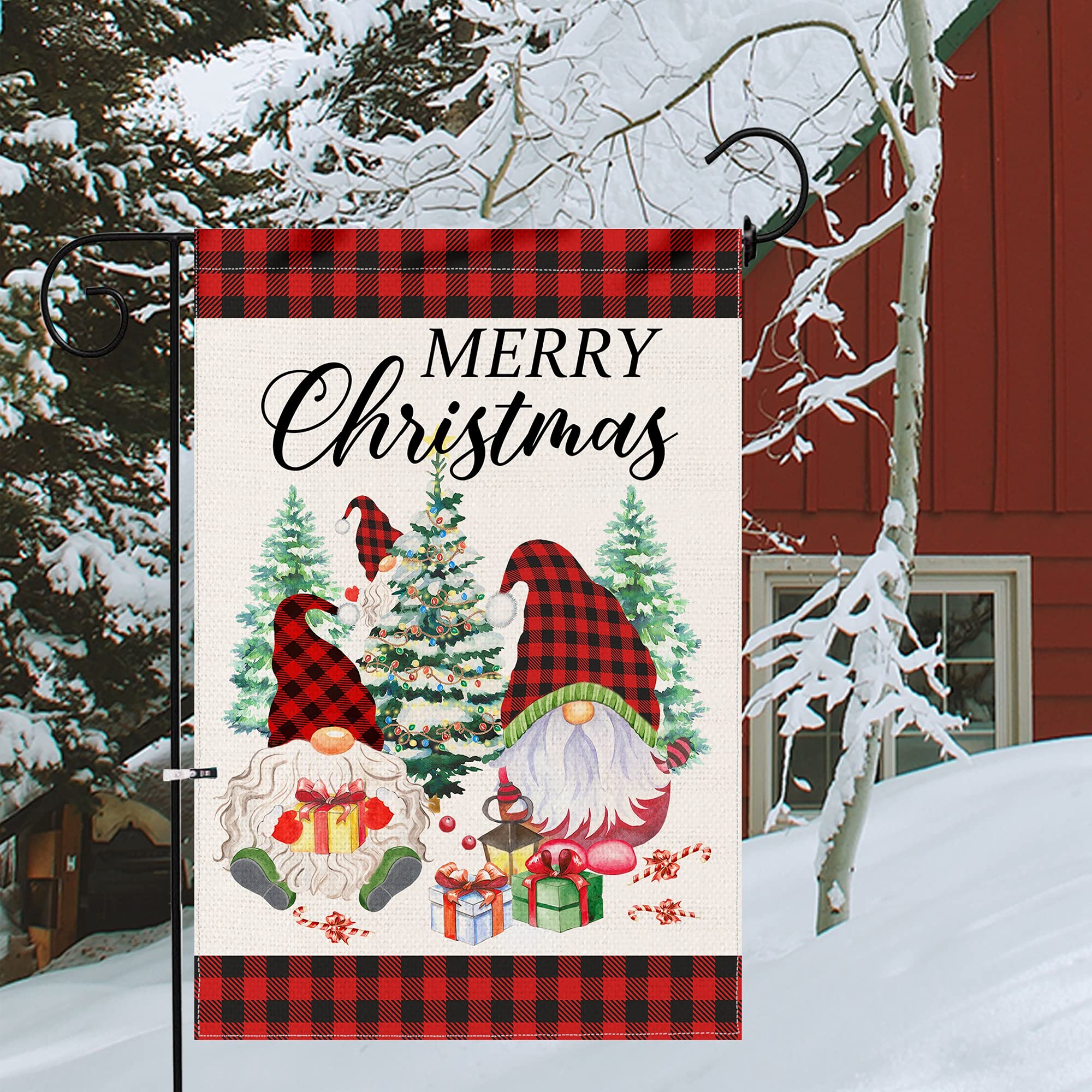 Pinata Christmas Garden Flag, Burlap Double Sided Small Red Black Buffalo Plaid Gnome Tree Flag 12x18 Inch for Yard Outdoor Outside Decoration