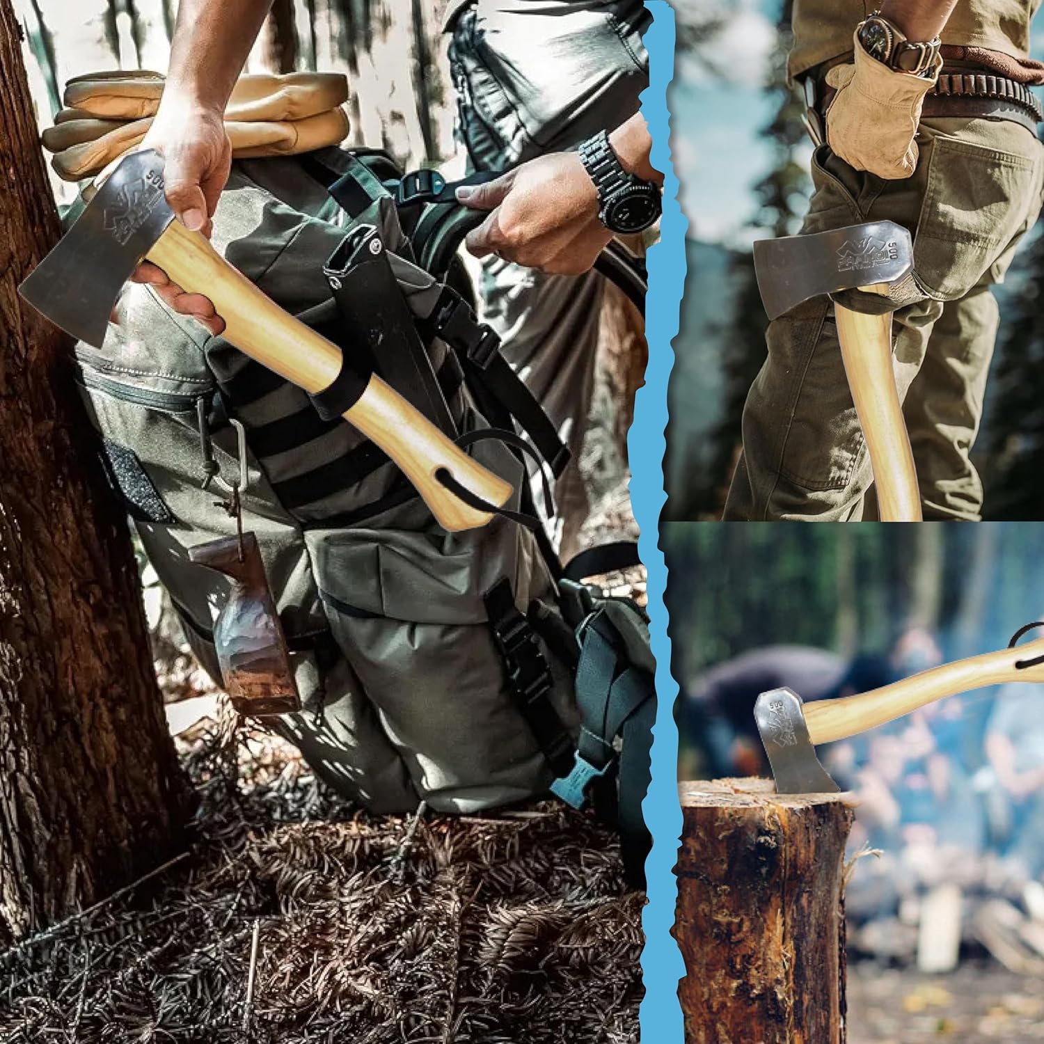 PRANDI Camping Hatchet 1.15lb - Hickory Handle 13in with Leather String - Ideal for Camping, Travel and Bushcraft - Made in Italy