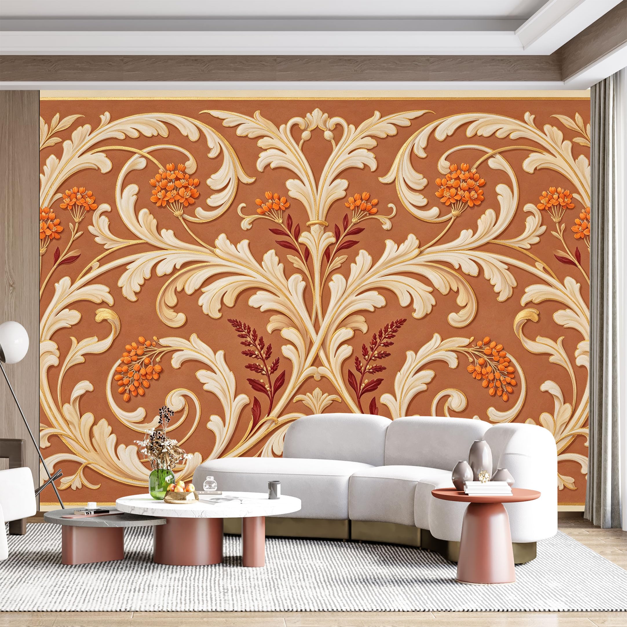 Custom Size Wall Mural Baroque Scrollwork Floral Pattern Gold Leaf Acrylic Painting SelfAdhesive Wall Fabric Removable for Home Office Decor