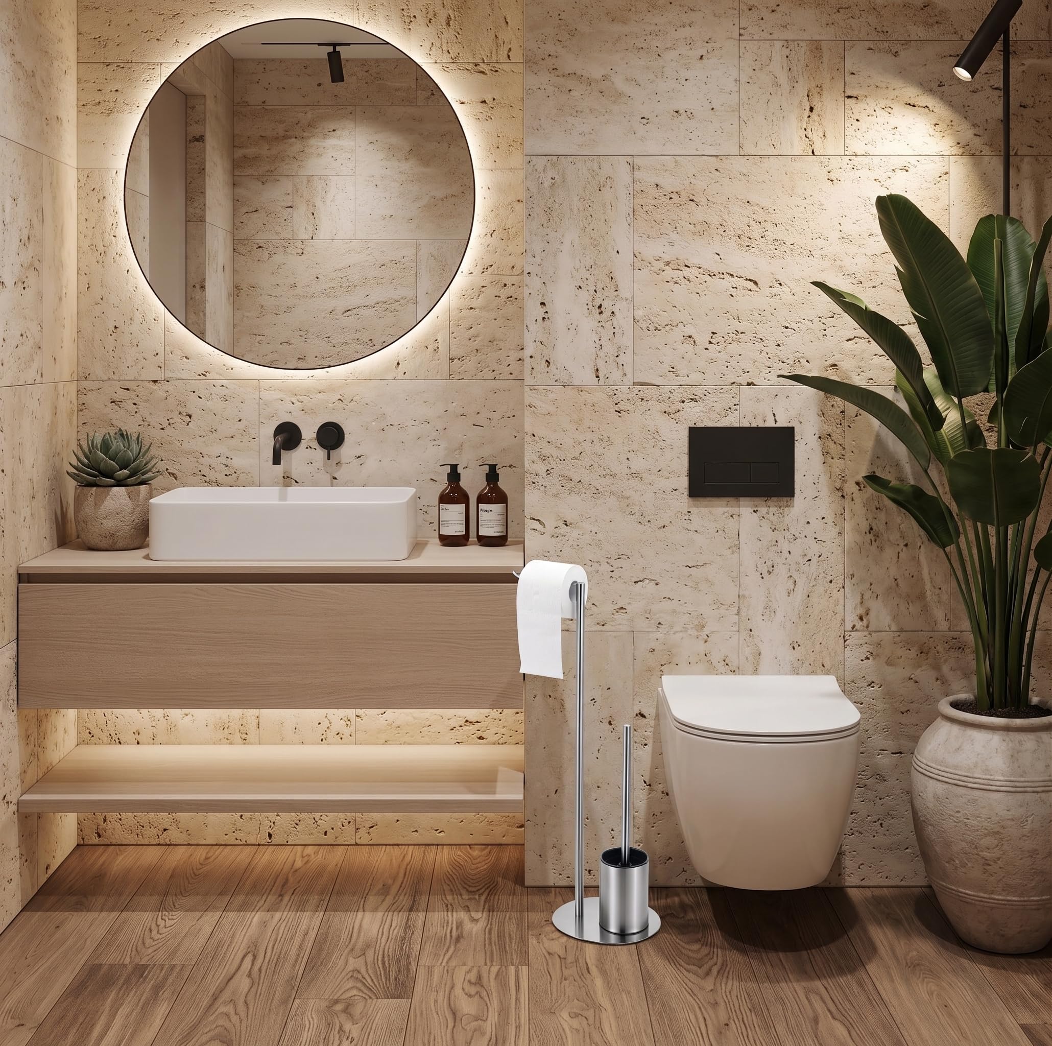 Portarotolo con scopino in acciaio inox, per bagno